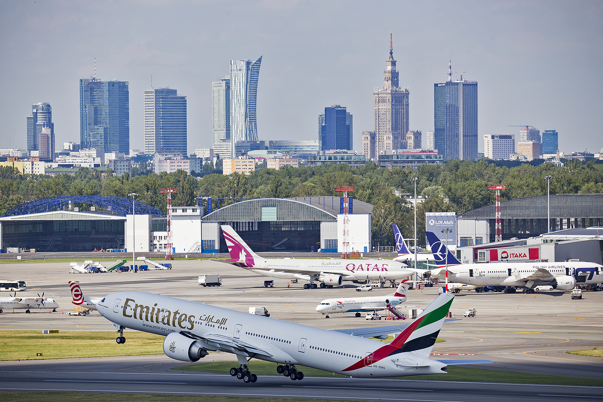 Emirates B777 departing from Warsaw, Poland.