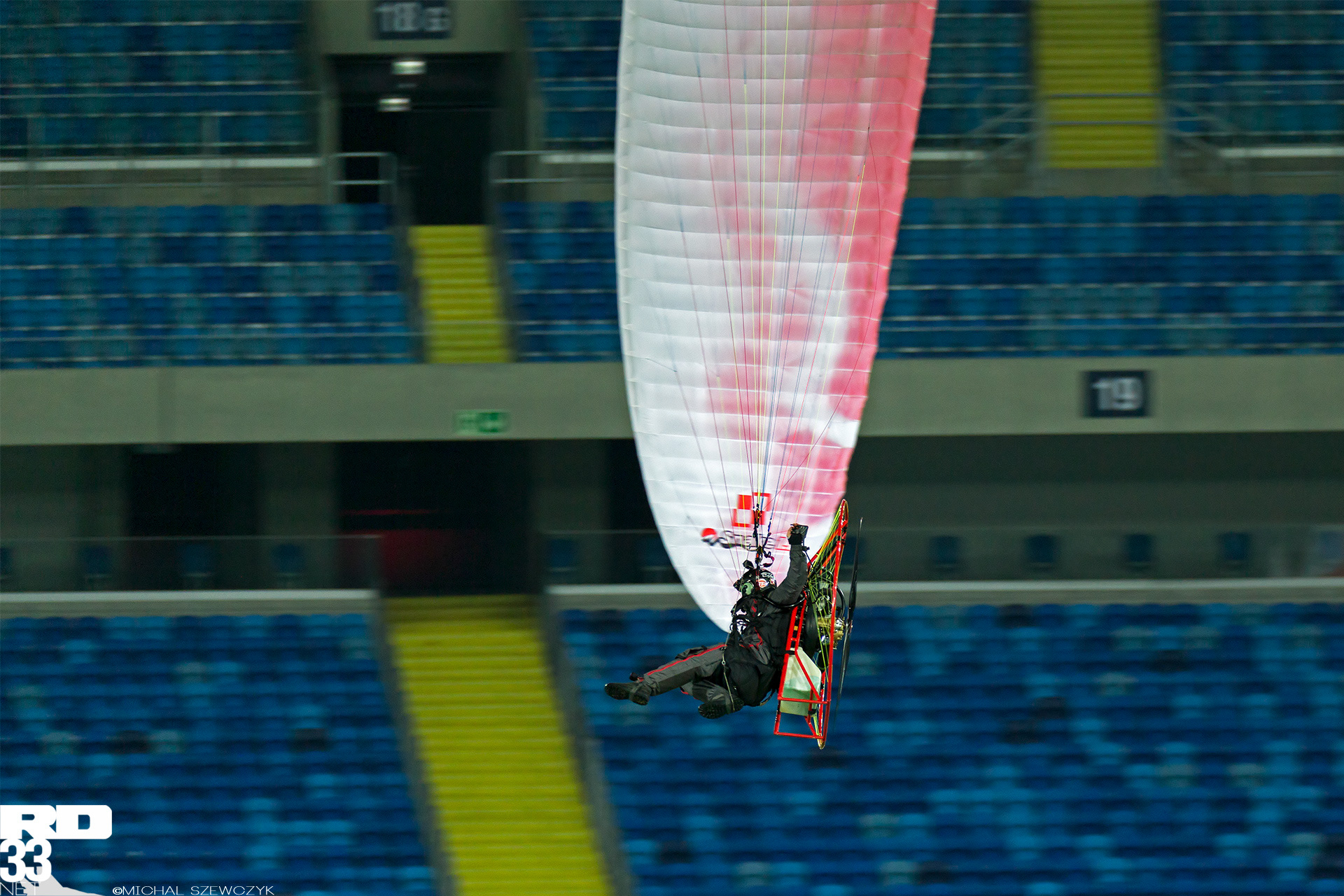 Paweł Lojak Kozarzewski flying in Silesia Stadium. Chorzów, Poland