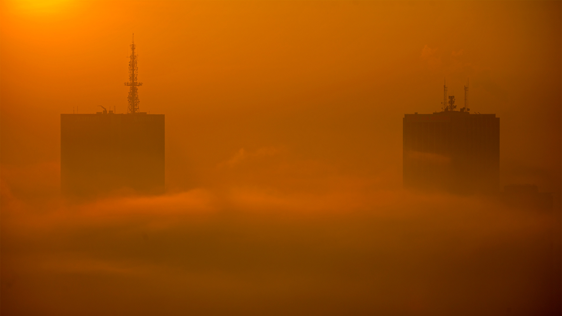 Skyscrappers in the fog. Warsaw, Poland.