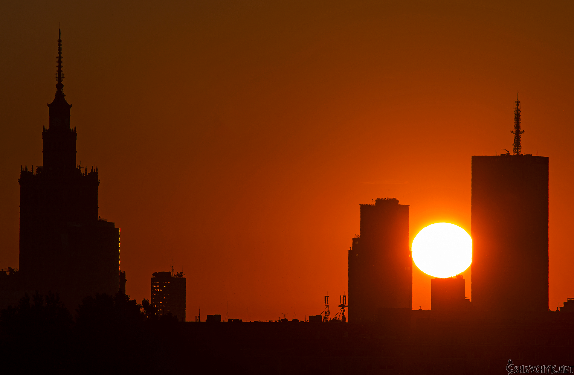 Sunset over Warsaw, Poland.