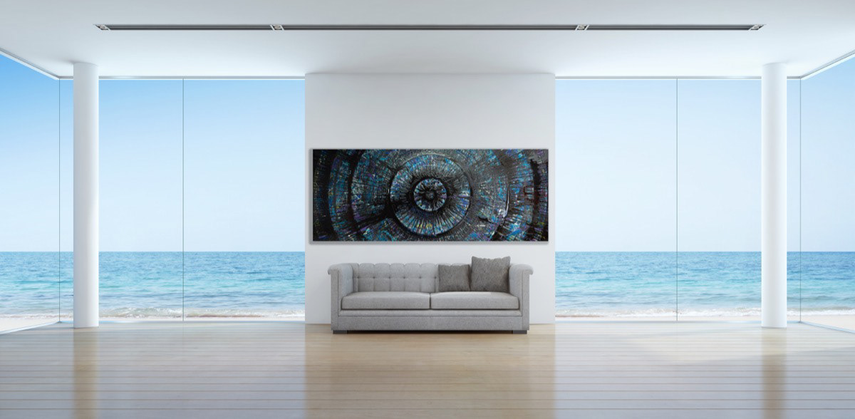 FREQUENCY, 2025, Ink, acrylic, paste and epoxy on canevas, 44x96 in