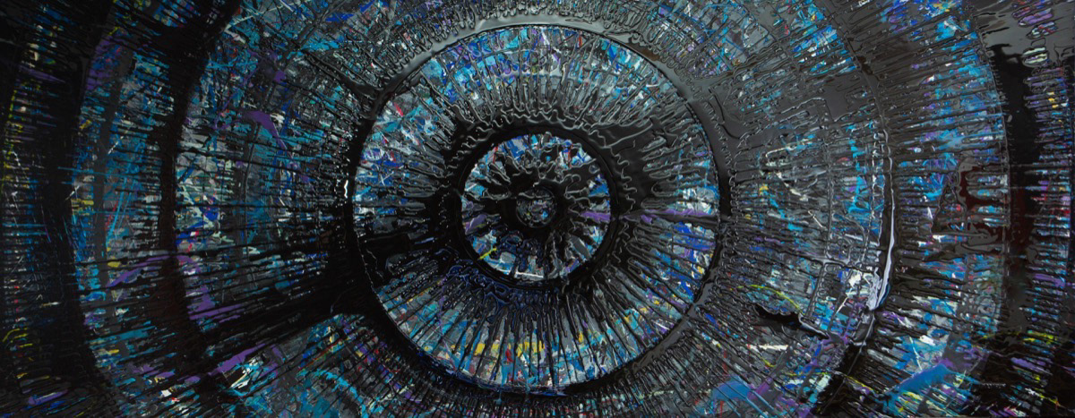 FREQUENCY, 2025, Ink, acrylic, paste and epoxy on canevas, 44x96 in