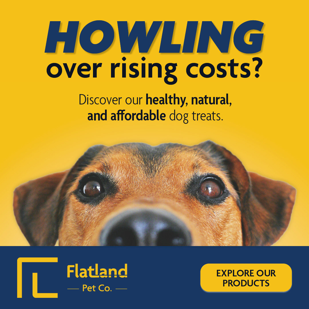 A digital ad for Flatland Pet Co. The headline says "Howling Over Rising Costs" and the sub-head says "Discover our healthy, natural and affordable dog treats."