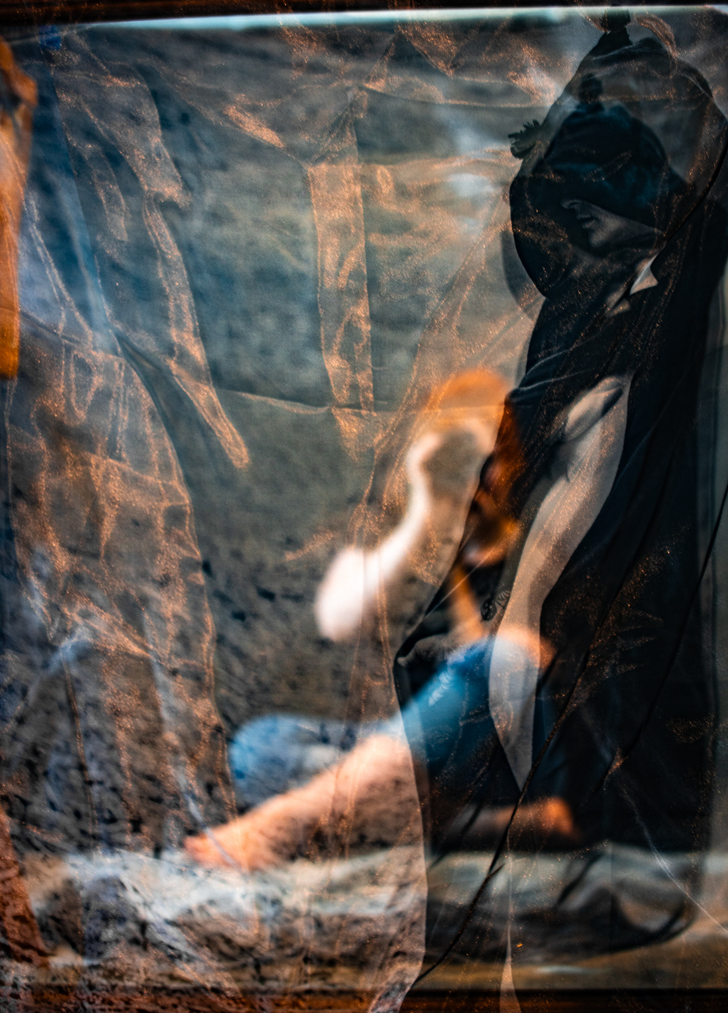 Ten of Swords (Organza) 30x50x1 (2019) Photography on organza. $2,250 This peice is part of a serise of images printed on sheer fabric and hung in front of mirros adding layers and reflections to the image.