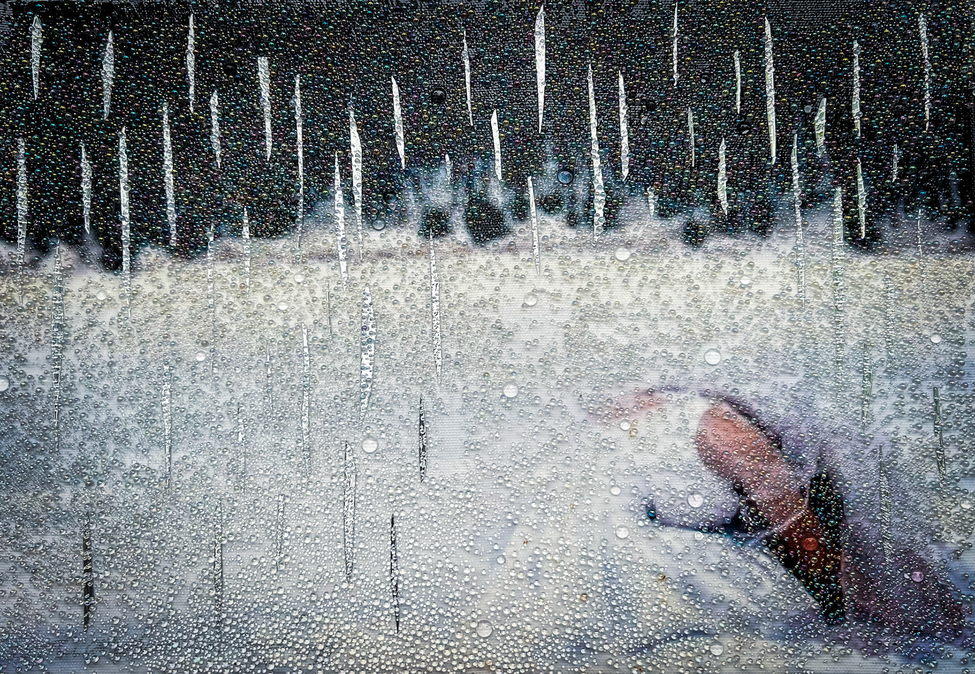 Hibernal Light $770 11x14x1 (2023) Multimedia A figure curled on a frozen lake wrapped in white. Layers of water droplets and shards of mirror overlay the canvas.