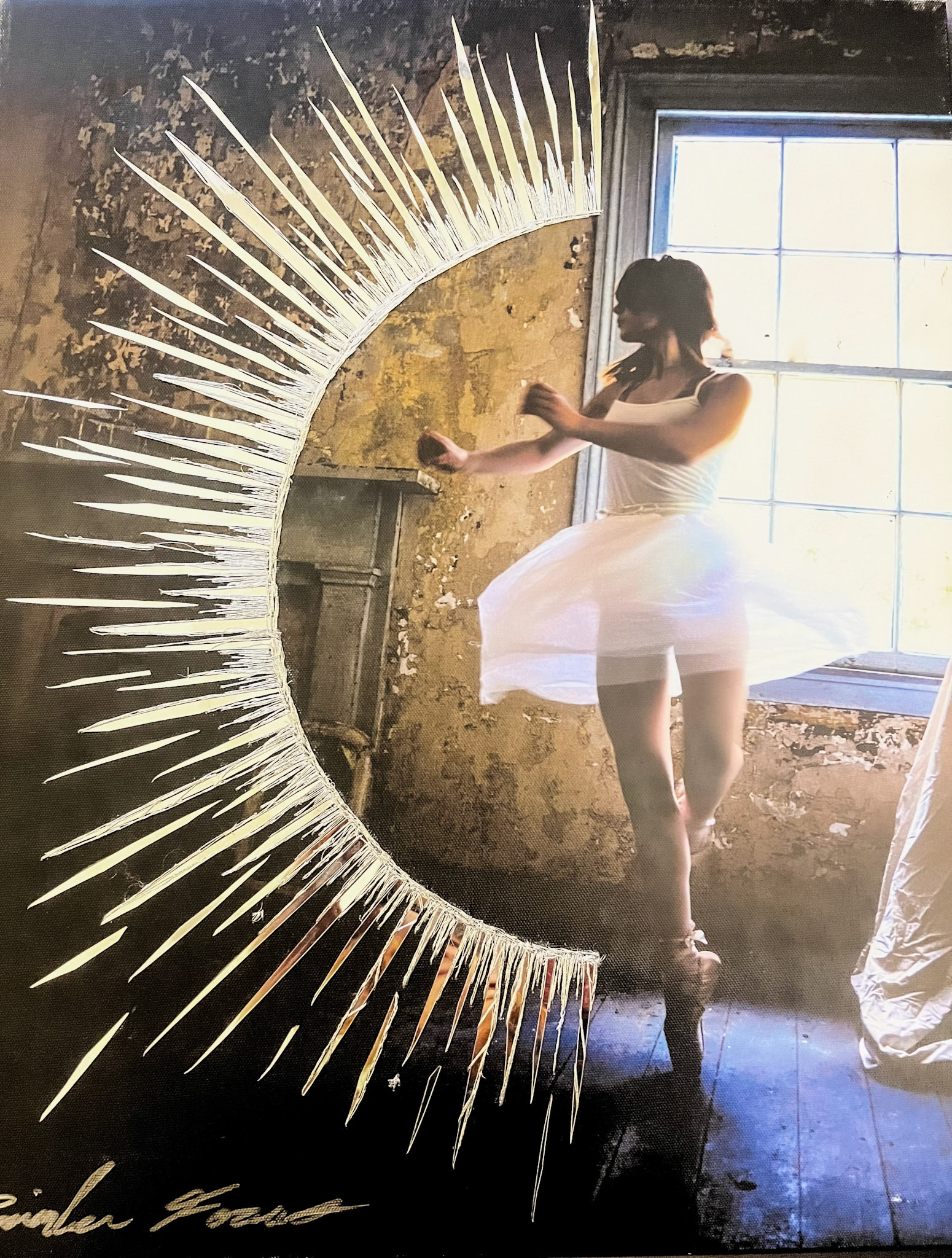 An Exercise in Radiance (Sold) 16x20x1 (2023) Multimedia A dancer pirouettes in an abandoned building, spinning out from their body are layers of mirror and silver threads like light emitting from them.