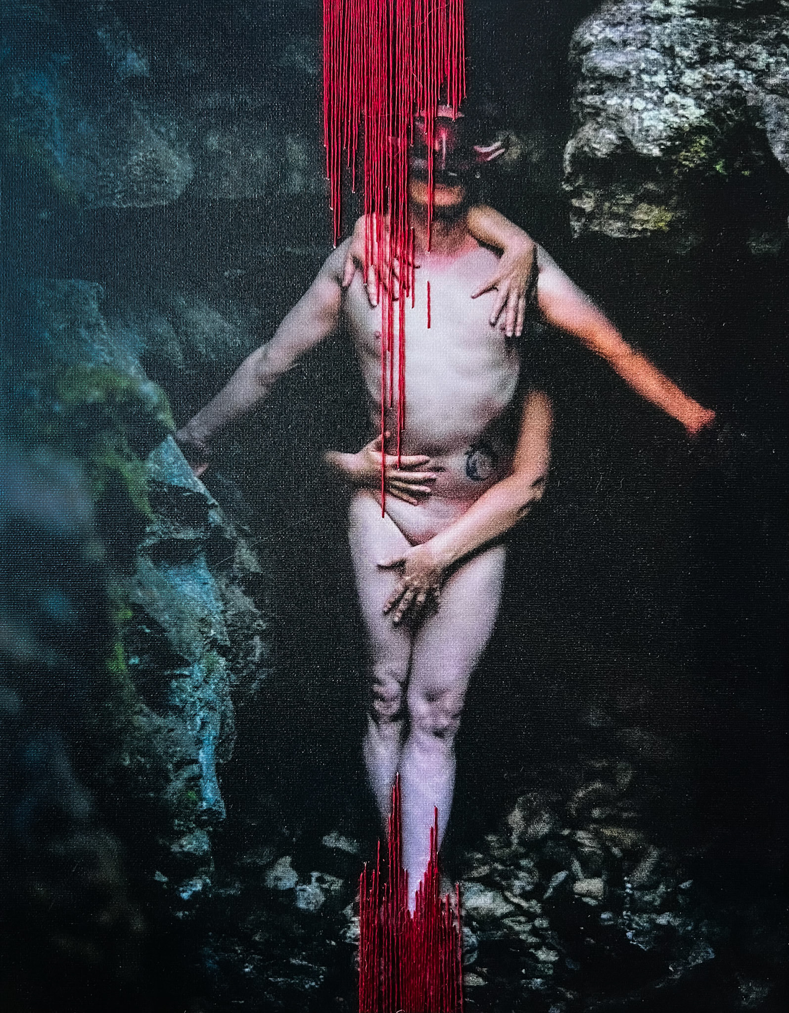 The Invitation (Embroidered) $770 11x14x1 (2024) Multimedia A figure stands in the shadows of a cave entrance, arms open in haunting invitation, dark sanguine lines seem to seep from the edges of the image.