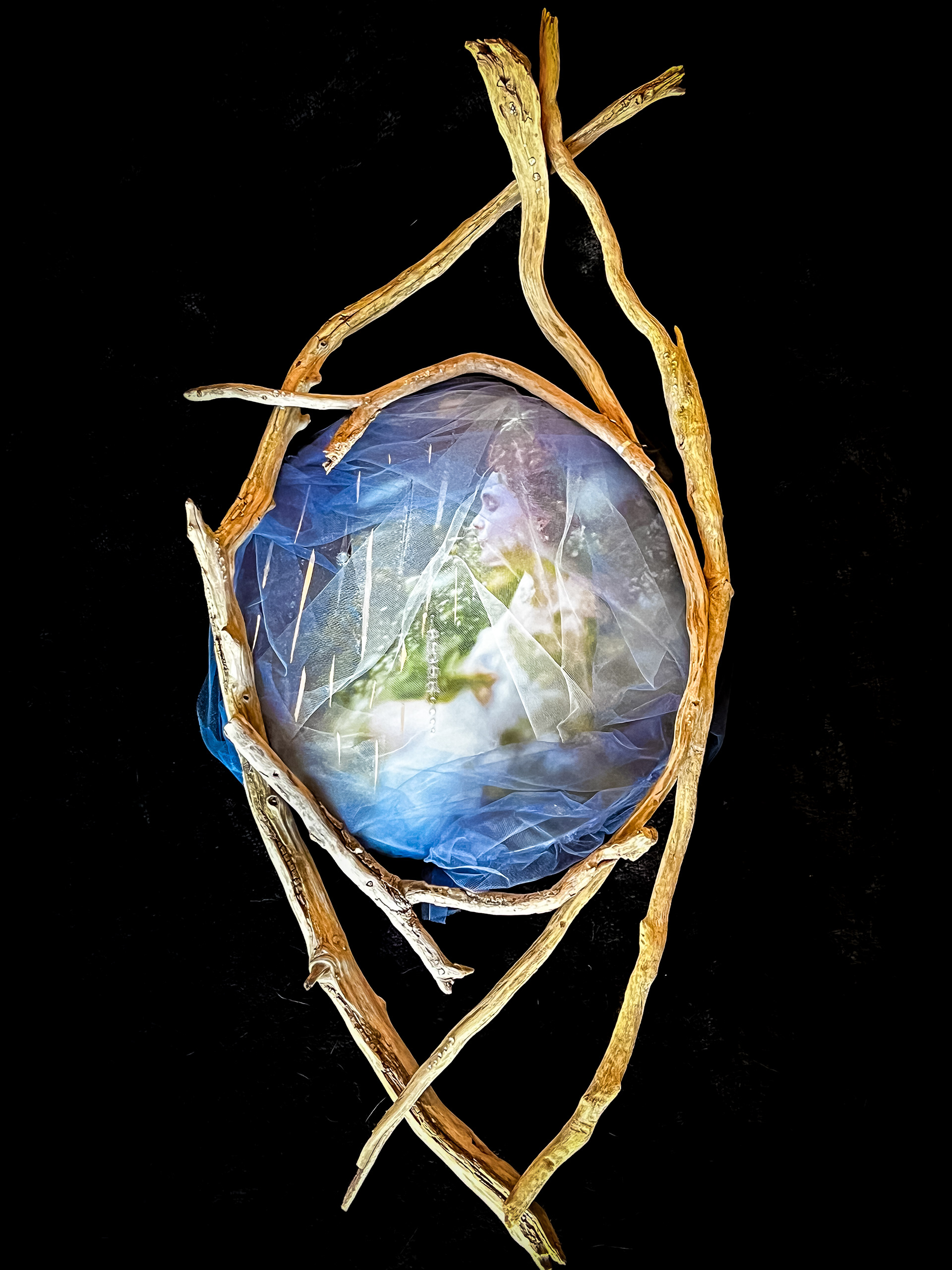 Nestled Among the Branches 14x36x3 MultiMedia A Person sits with their eyes closed among the flowers, Falling past them are shooting stars. A soft silver haze of fabric obscures the image to the viewer, the canvas is framed by a nest of branches that encircle the art.