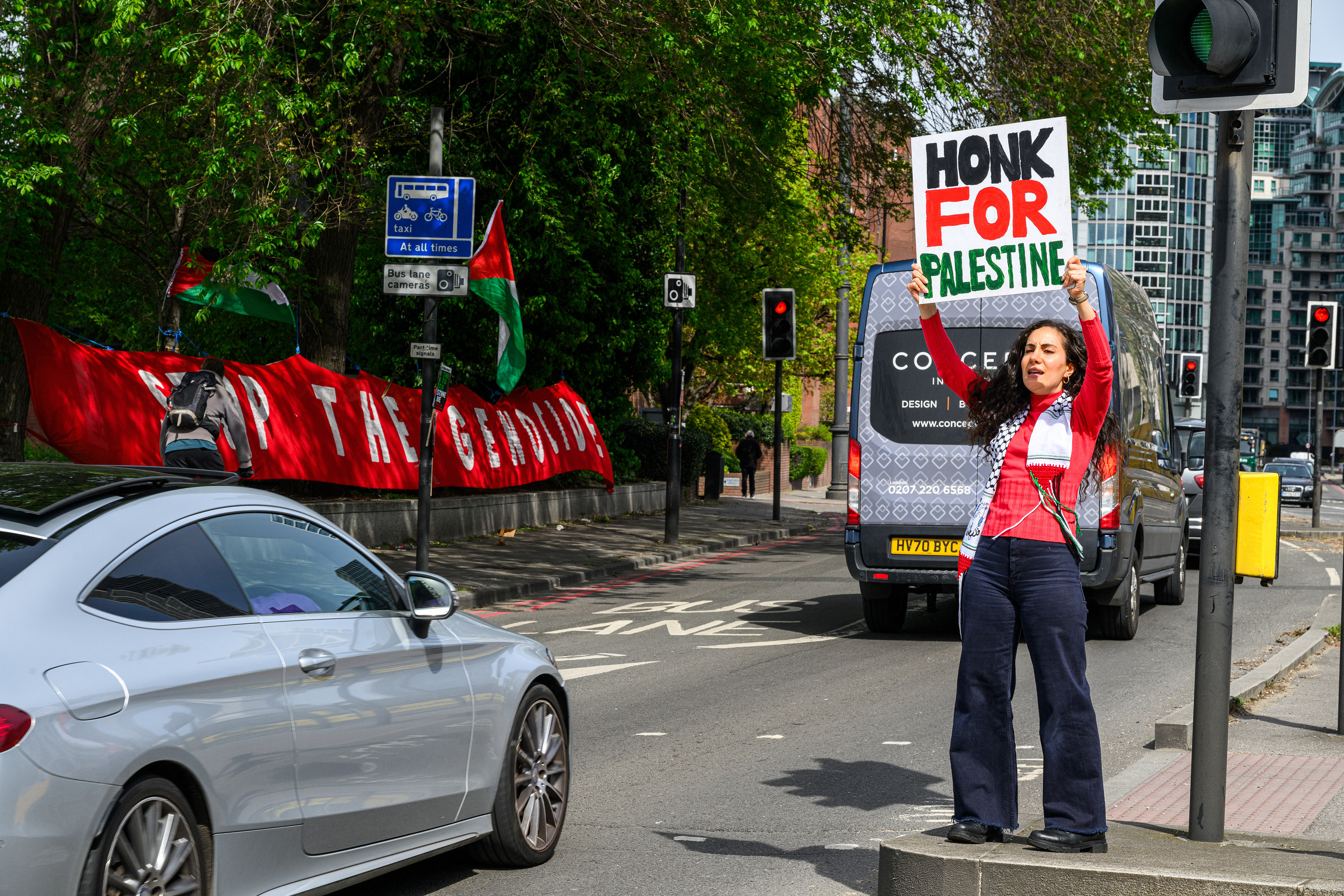 A roadside protester holds a placard asking drivers to honk for Palestine