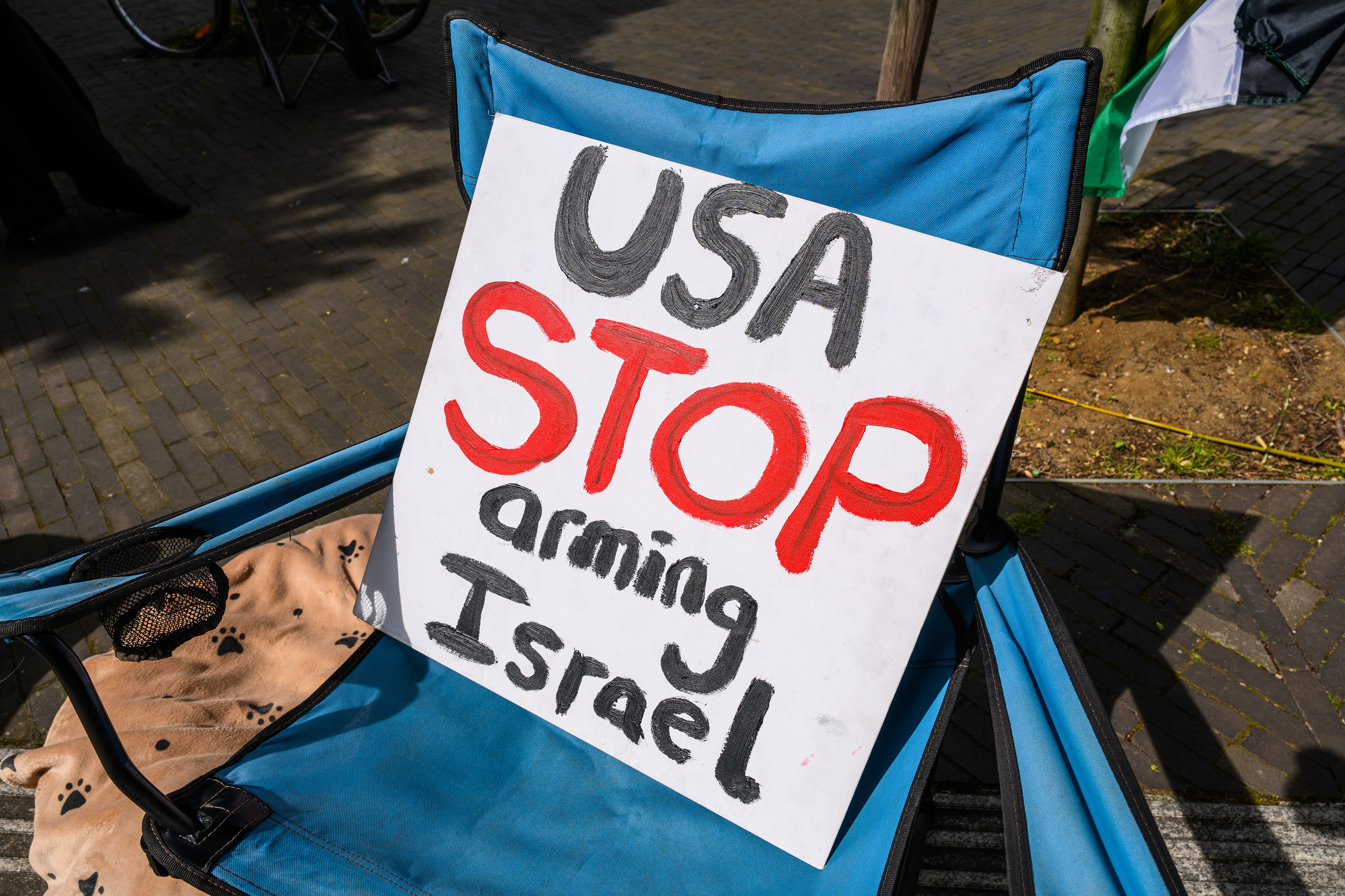 The protest camp is adorned with banners, posters and flags that convey the protesters beliefs surrounding the ongoing Israel/Palestine conflict