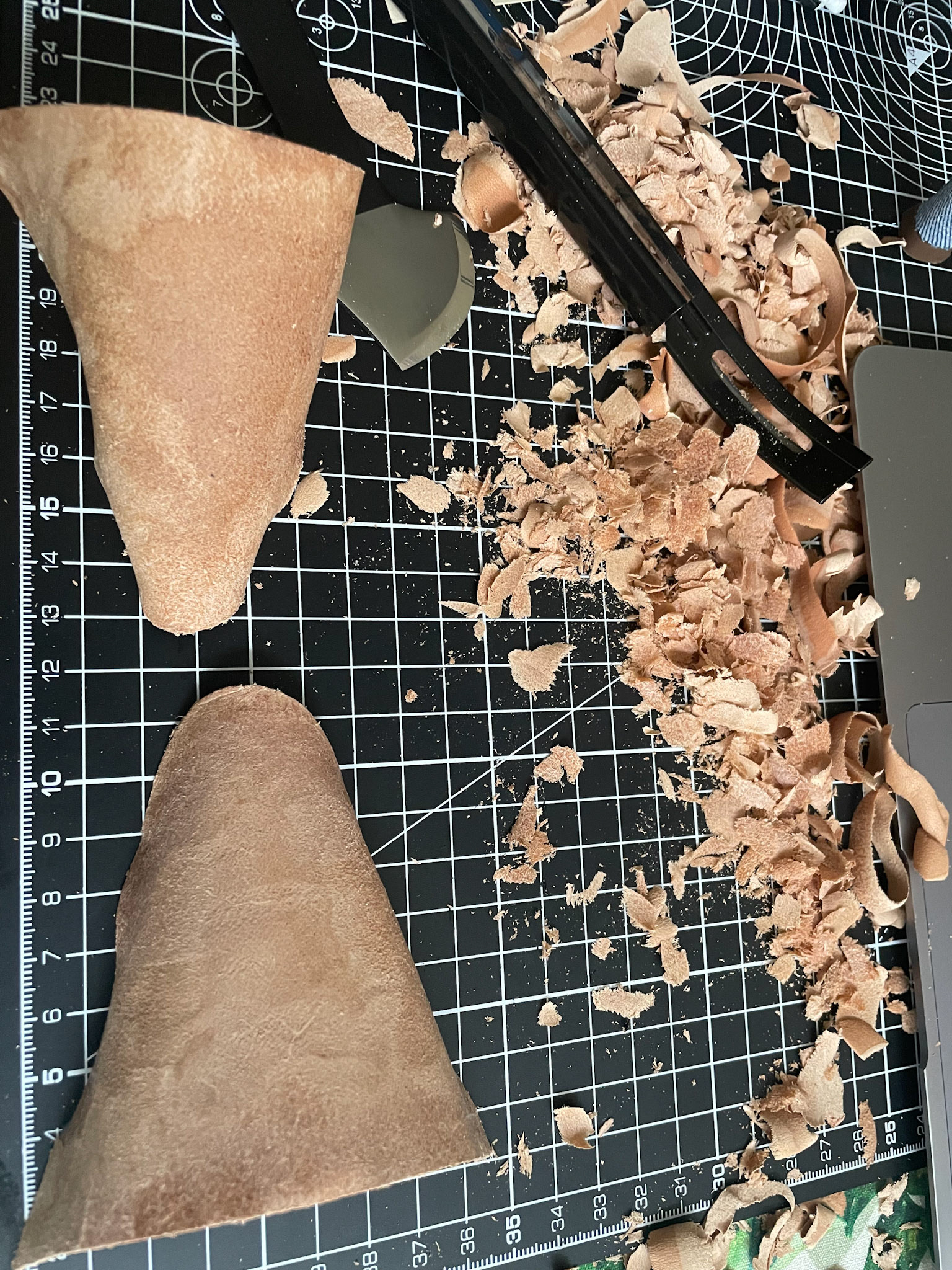 Skiving the toe puffs after soaking in warm water