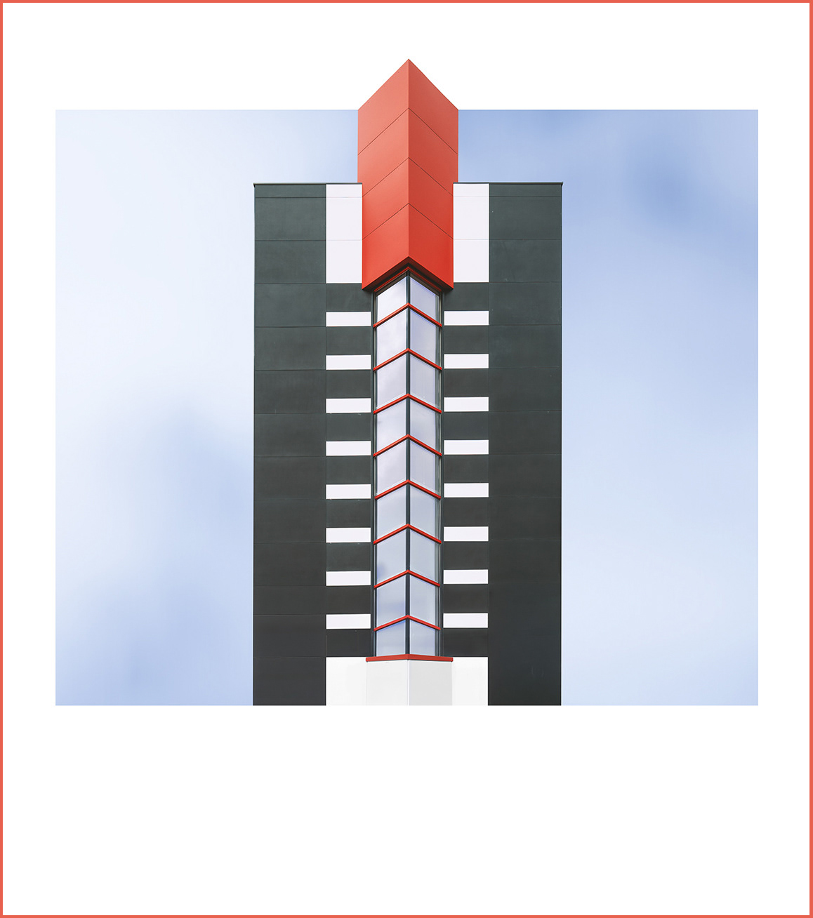 Lego City 06. Fine art architectural photography by Angélica Gómez-Morán. Geometric abstraction, vertical symmetrical building structure with a prominent red top and dark facade. Minimalist Photography Awards Honorable Mention.