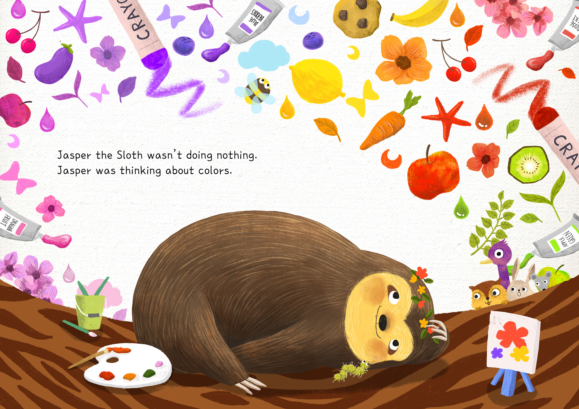 Inner spread illustration from Jasper The Sloth isn't Lazy written by Lilla Rogers