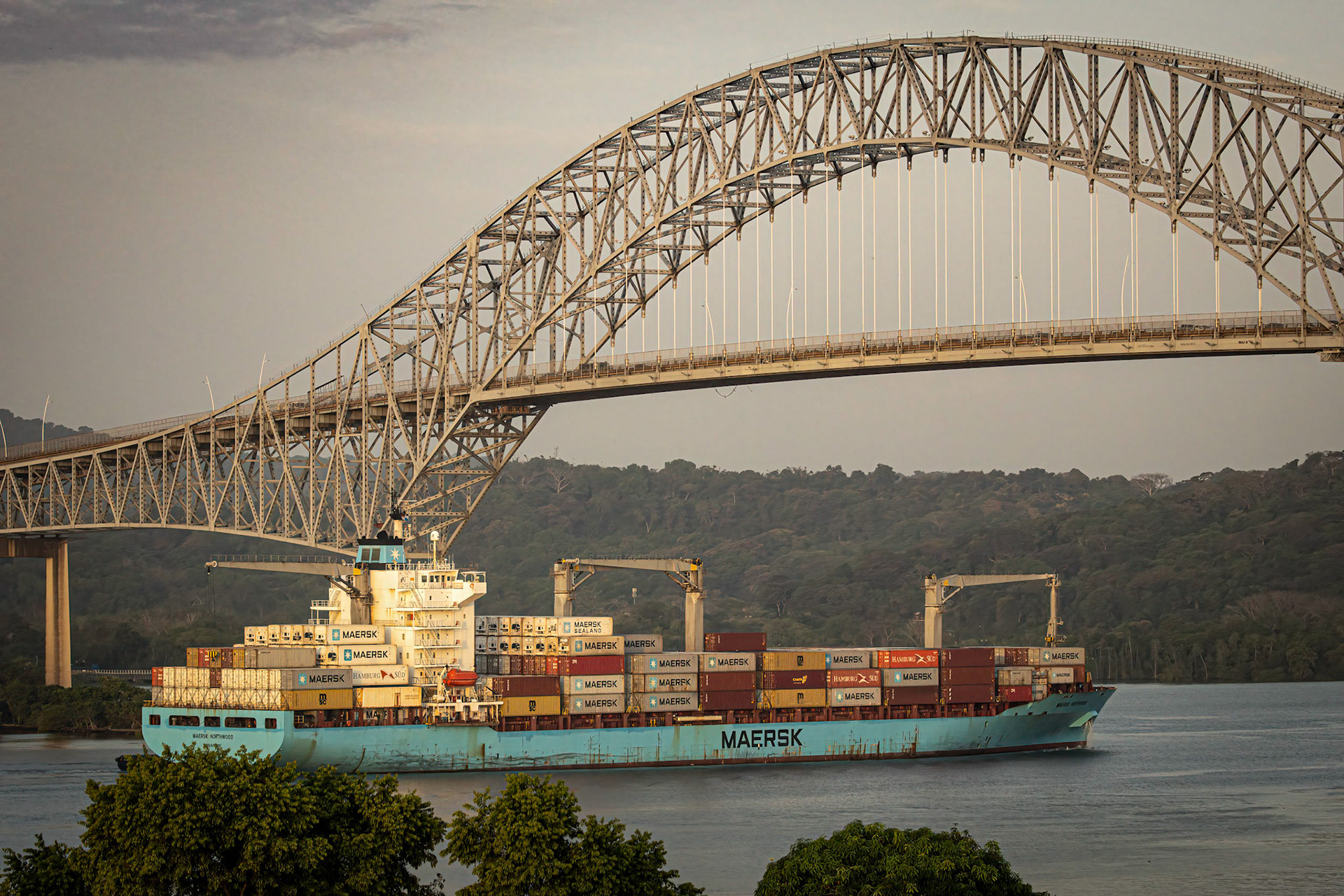 Entering the Panama Canal from the Pacific Ocean at the Bridge of the Americas.