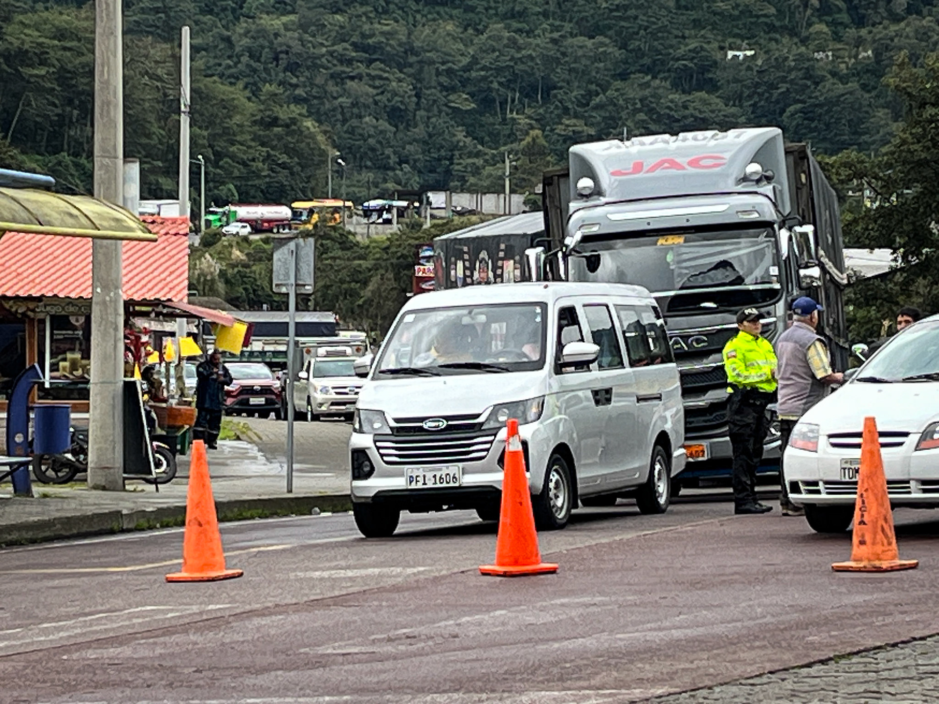 Traffic blocked for hours due to oil spill.