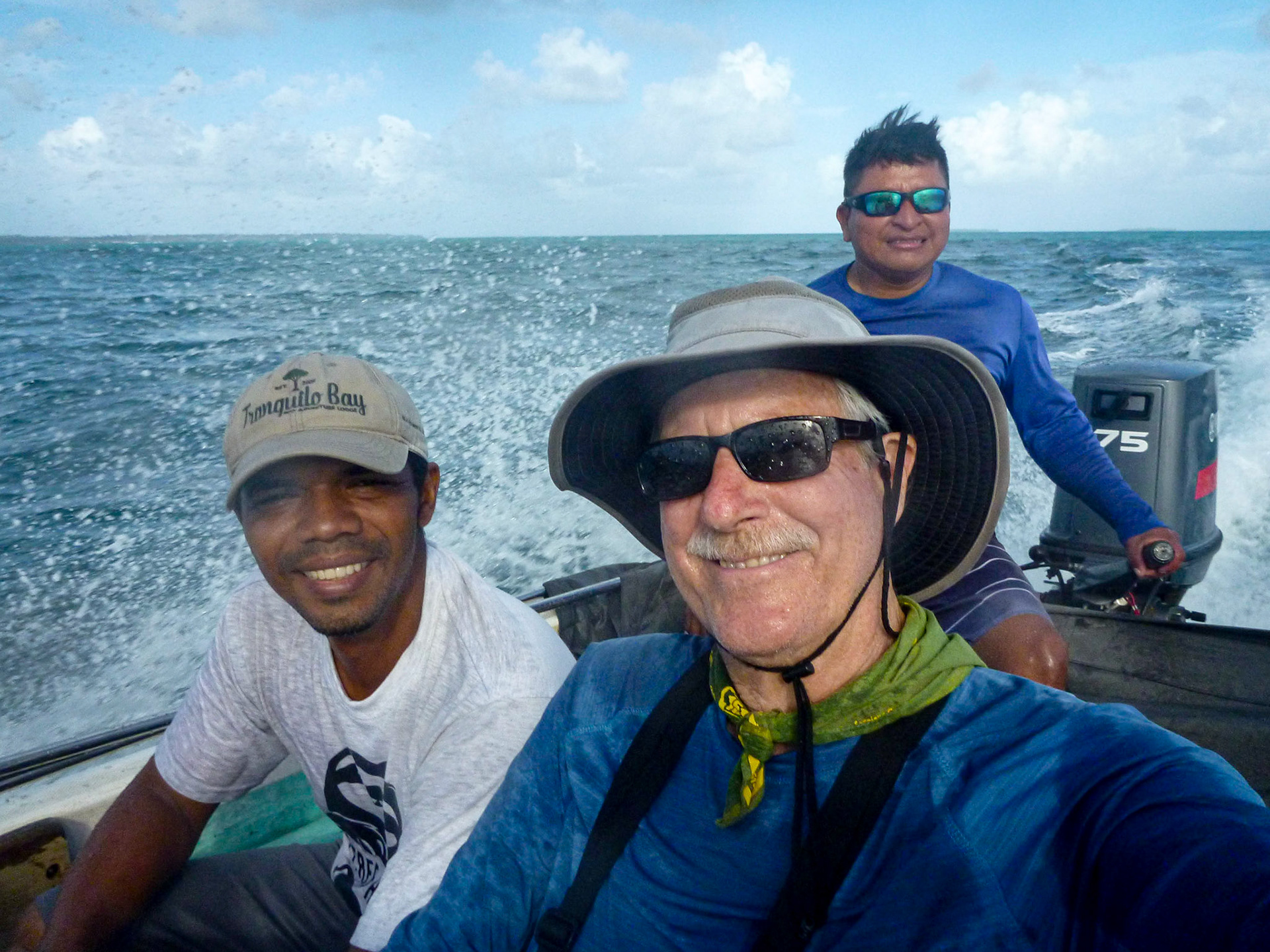 Capt. Alvaro, Miguel &amp; Nick after birding Cayo Zapatilla.