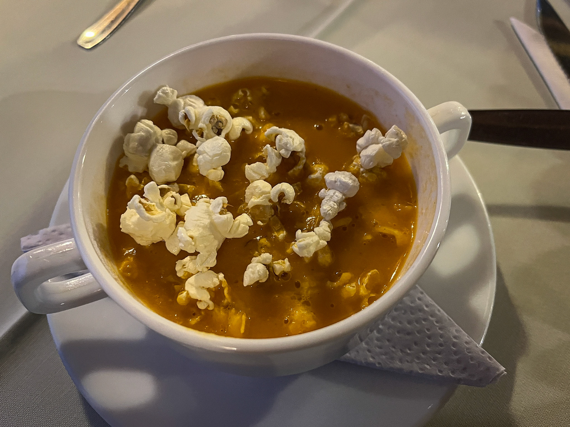 Popcorn on hearty soup. Yum!