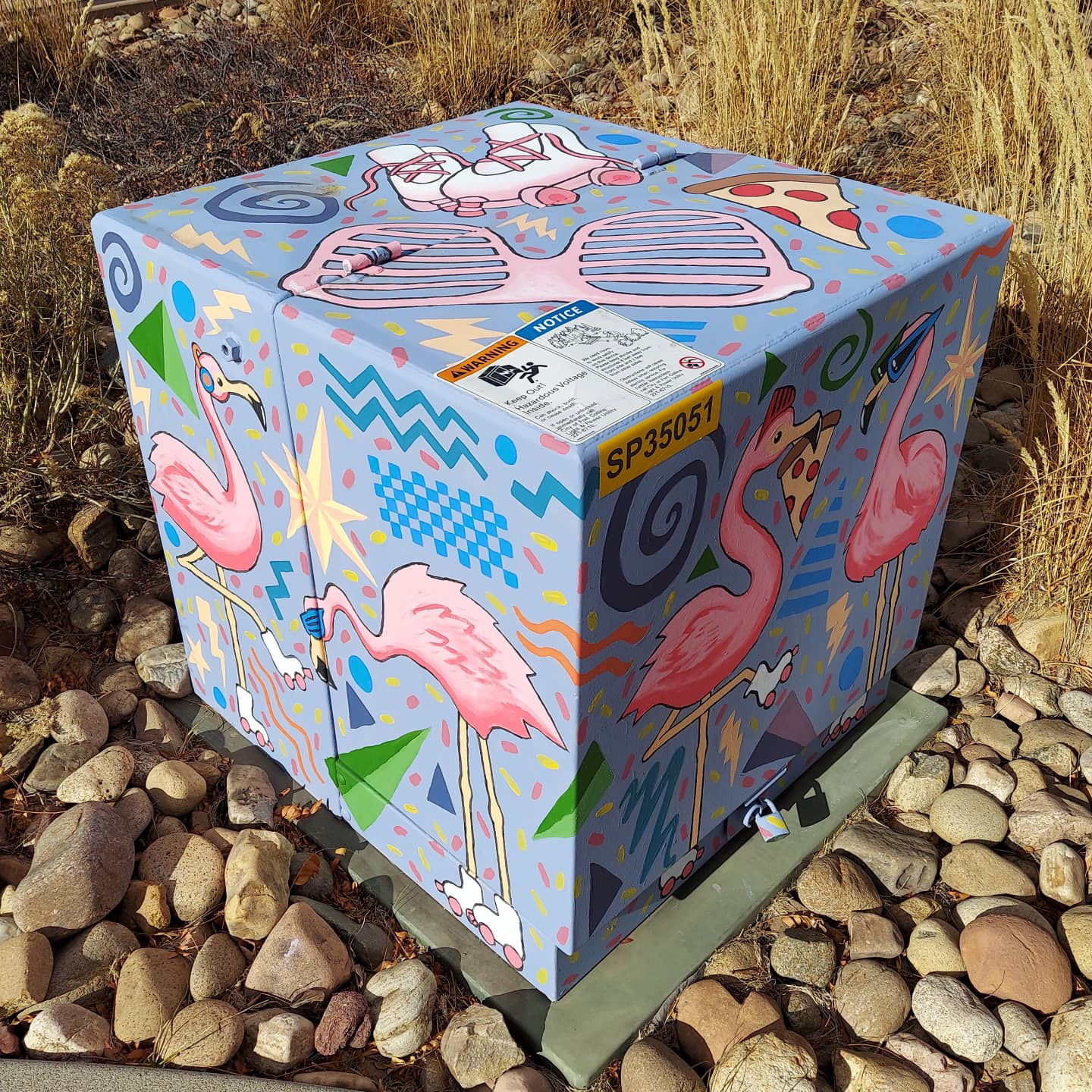 Wake me up Before you Flamingo-go, Transformer Cabinet Mural, Fort Collins, CO, 2021