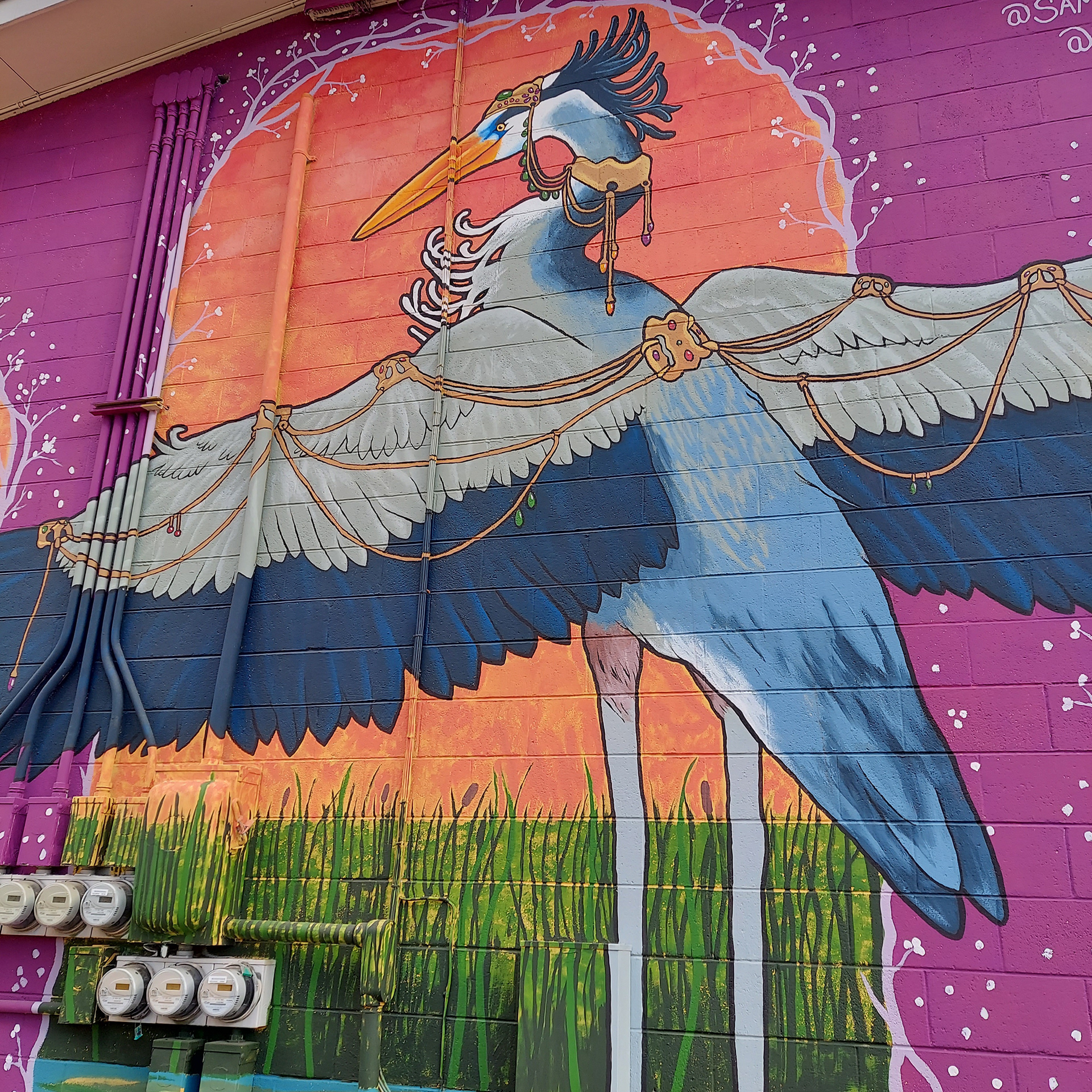 Erin the Heron, Collaboration with Samantha Pascavis, Fort Collins Mural Project, Fort Collins, CO, 2021