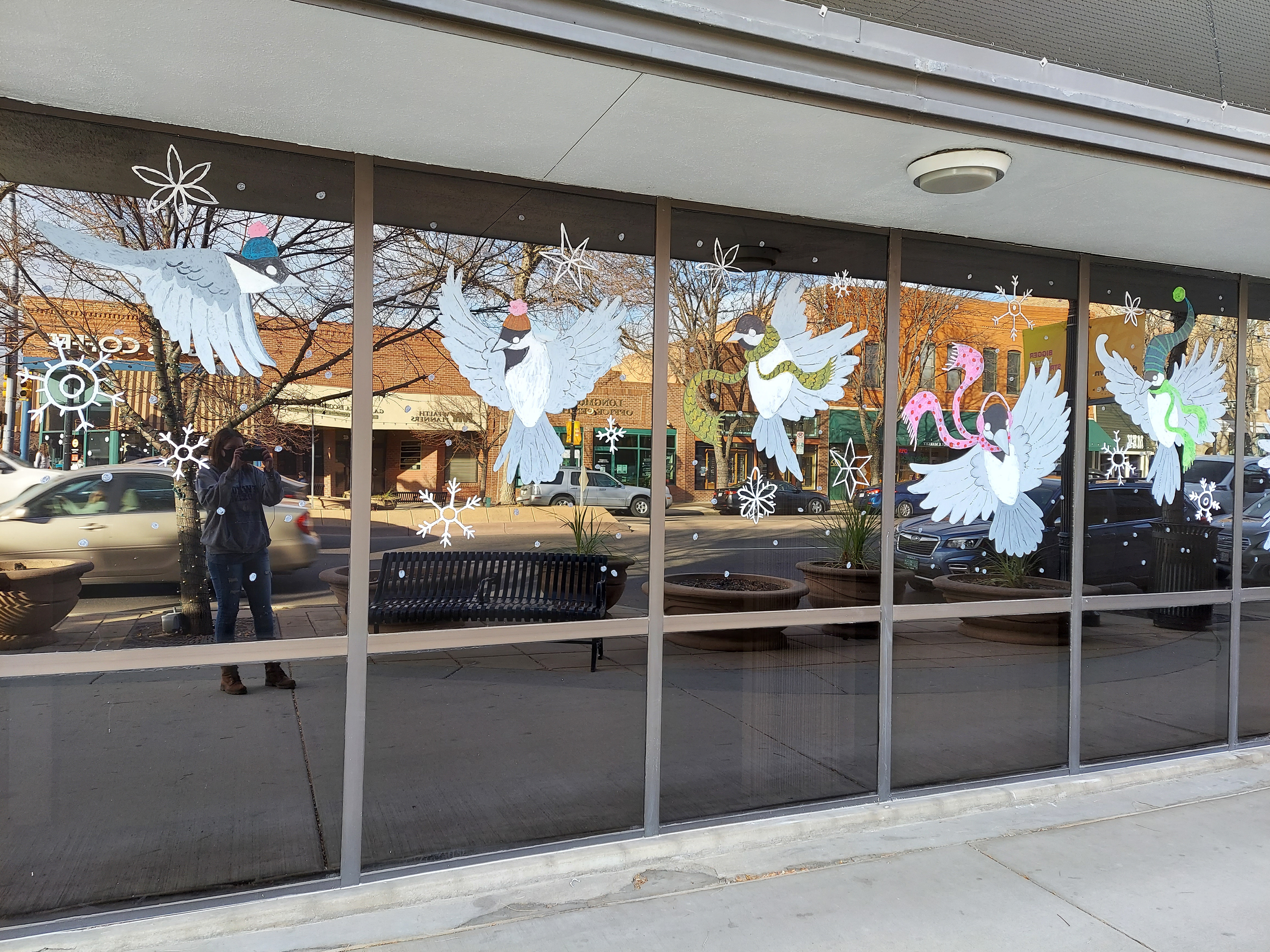 Chickadee Parade, Winter Window Mural, Longmont, CO, 2021