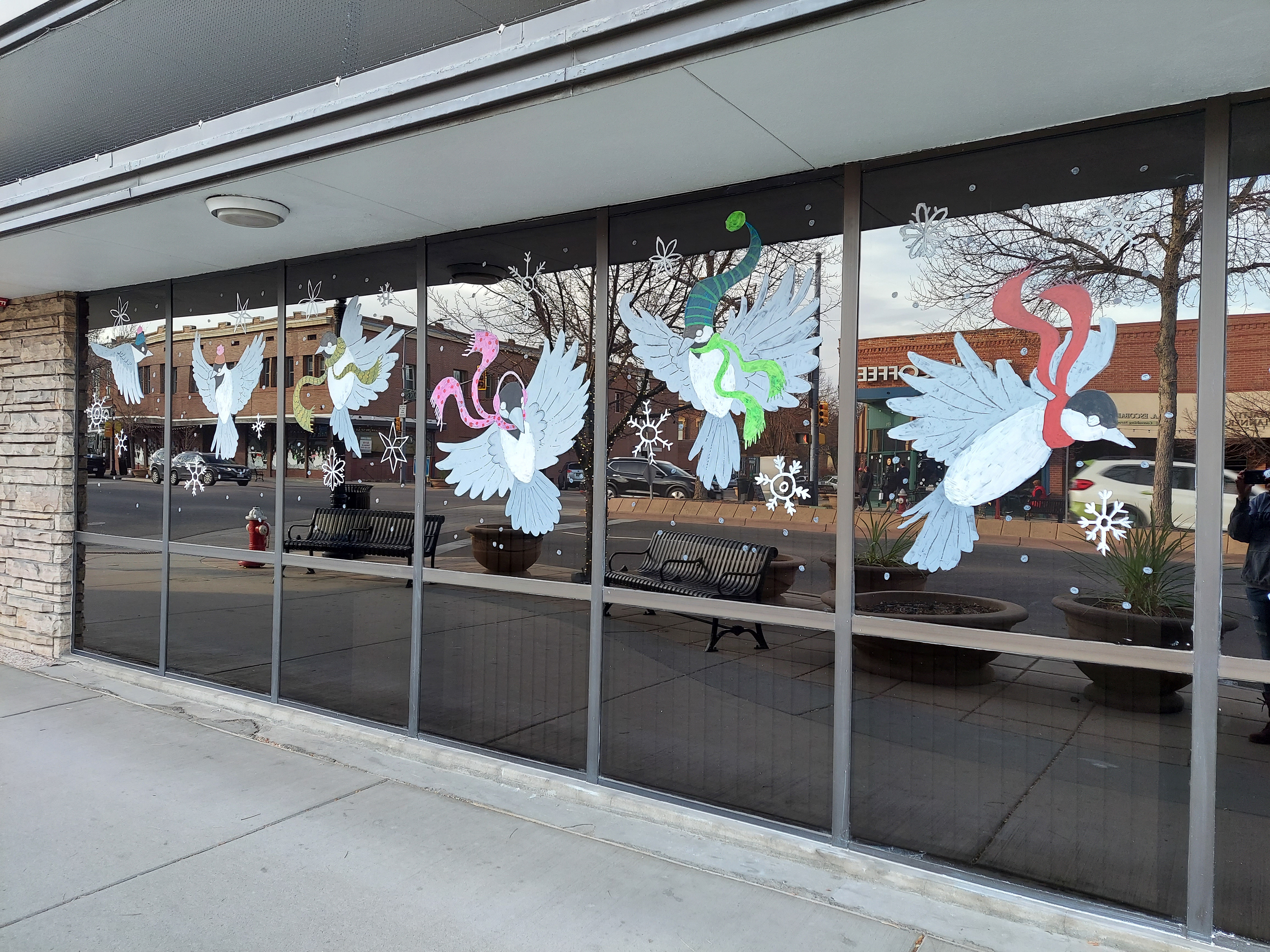 Chickadee Parade, Winter Window Mural, Longmont, CO, 2021