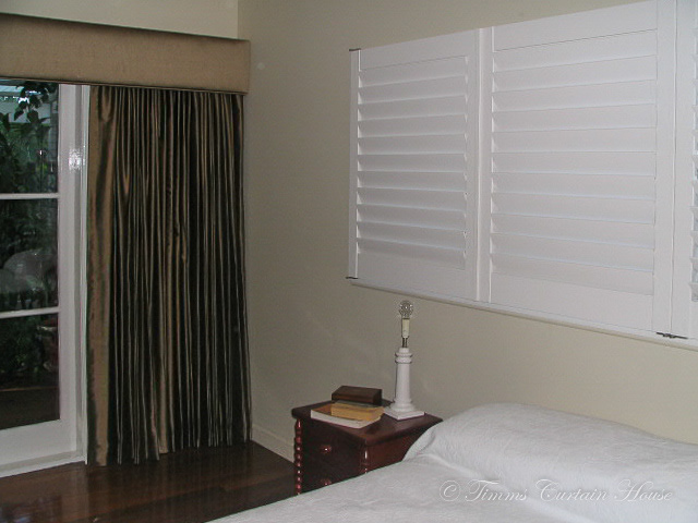 Shutters with pelmet and curtain