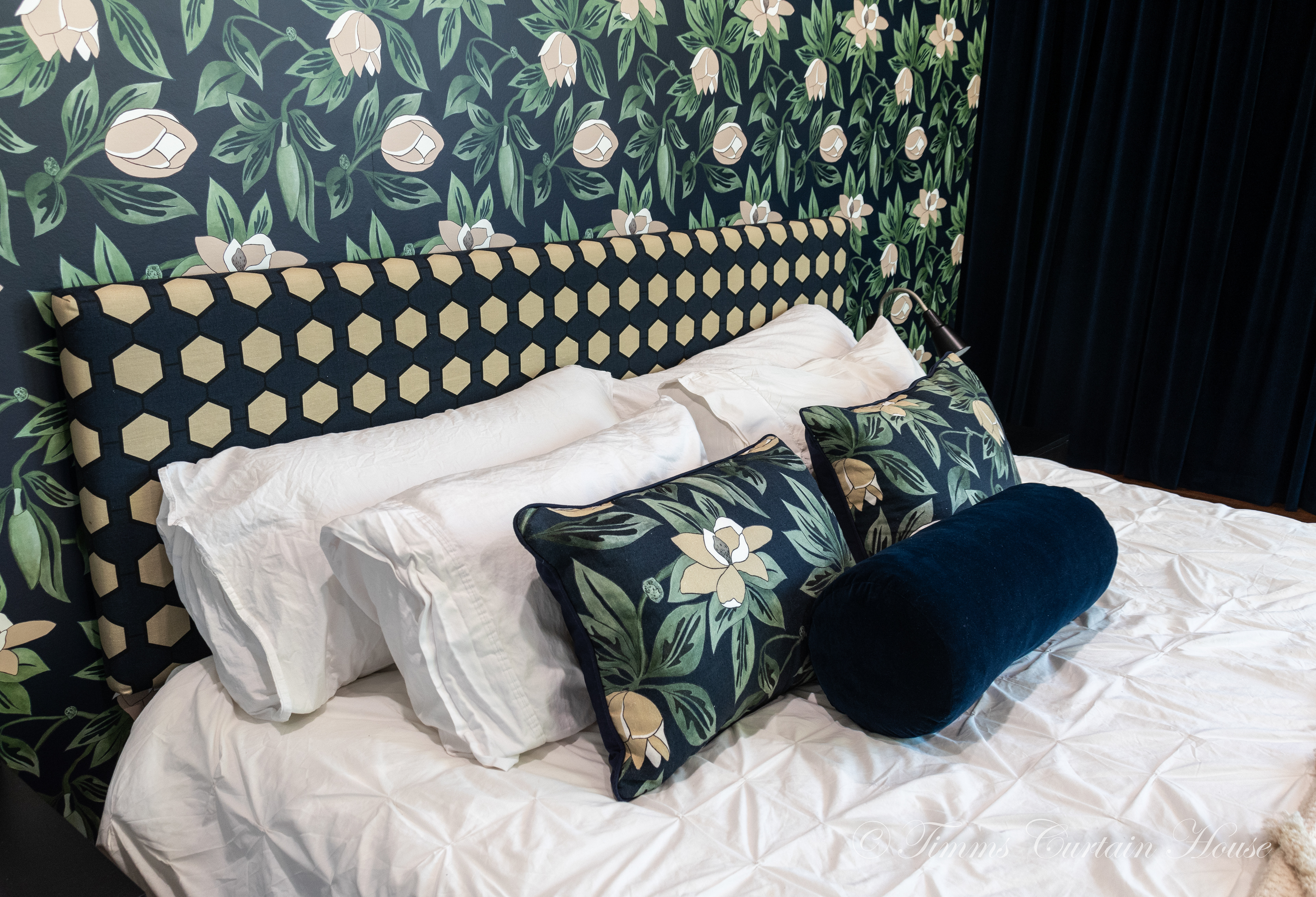 Designer bedhead, cushions and wallpaper