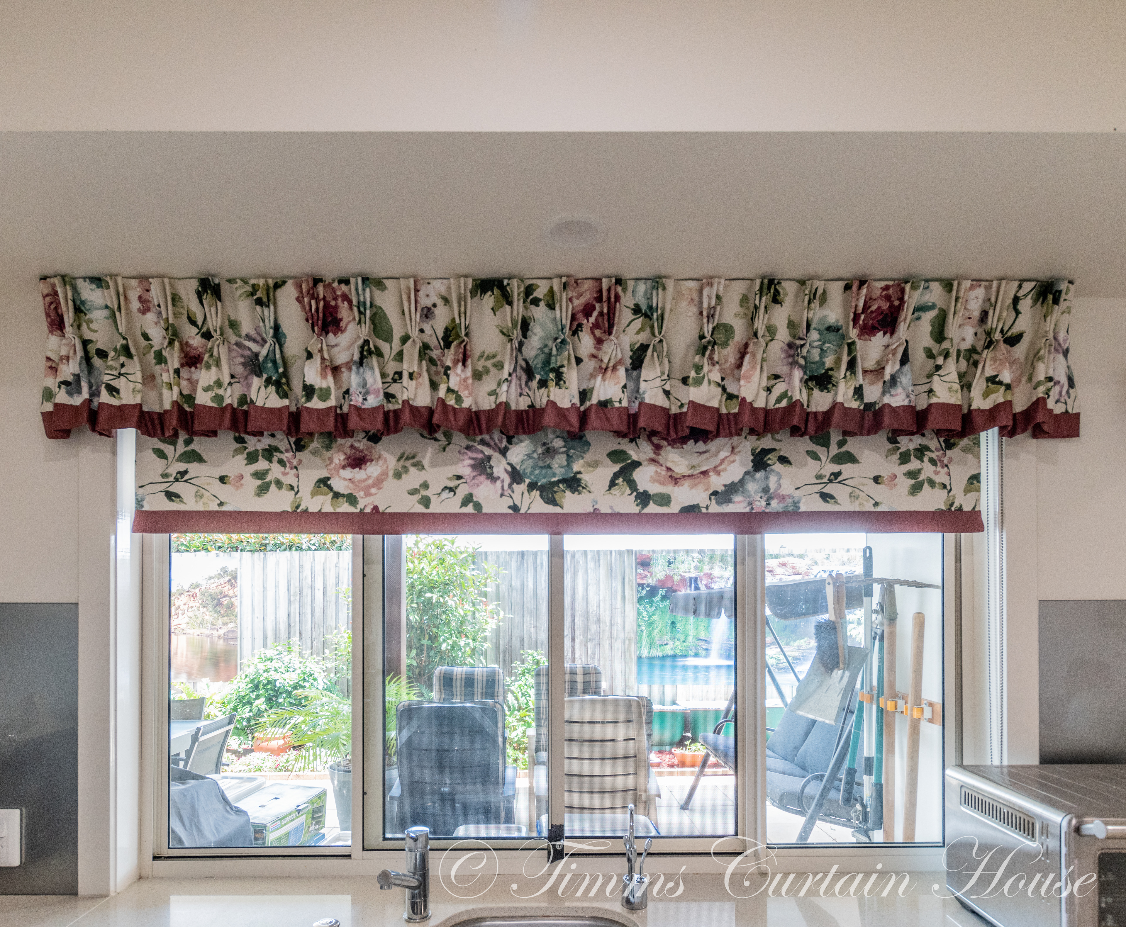 Trimmed valance over matching trimmed blind