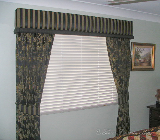 Pelmet and curtain over venetians