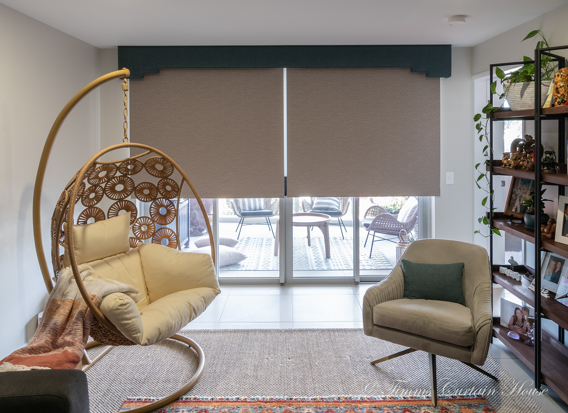 Pelmet over sliding doors with butting roller blinds