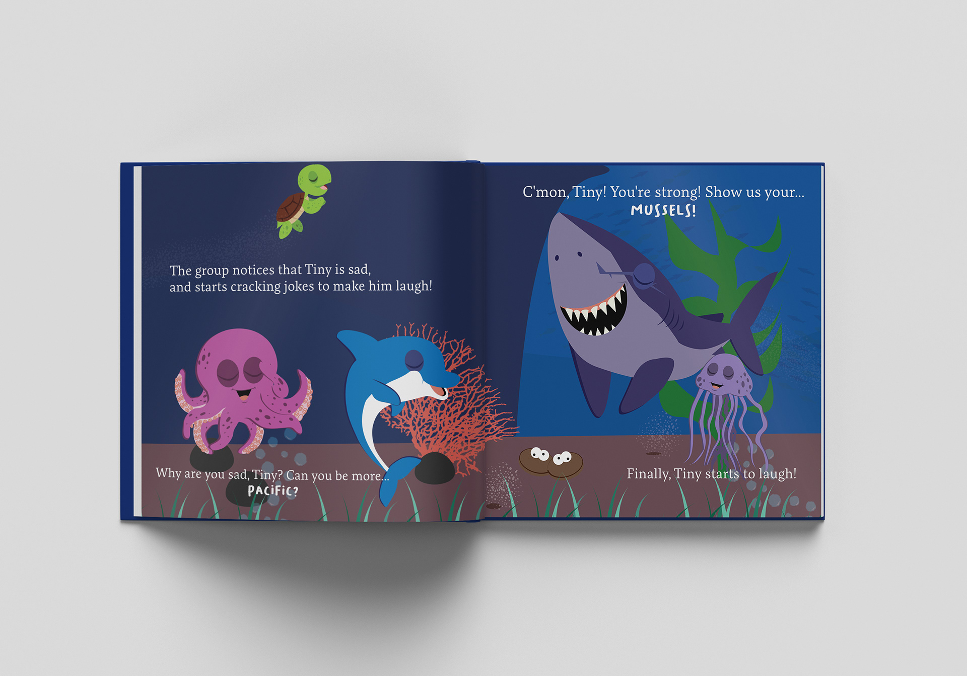 "Tiny Turtle, Big Ocean" Book Project Mockup: Page Spread - Illustrator & InDesign