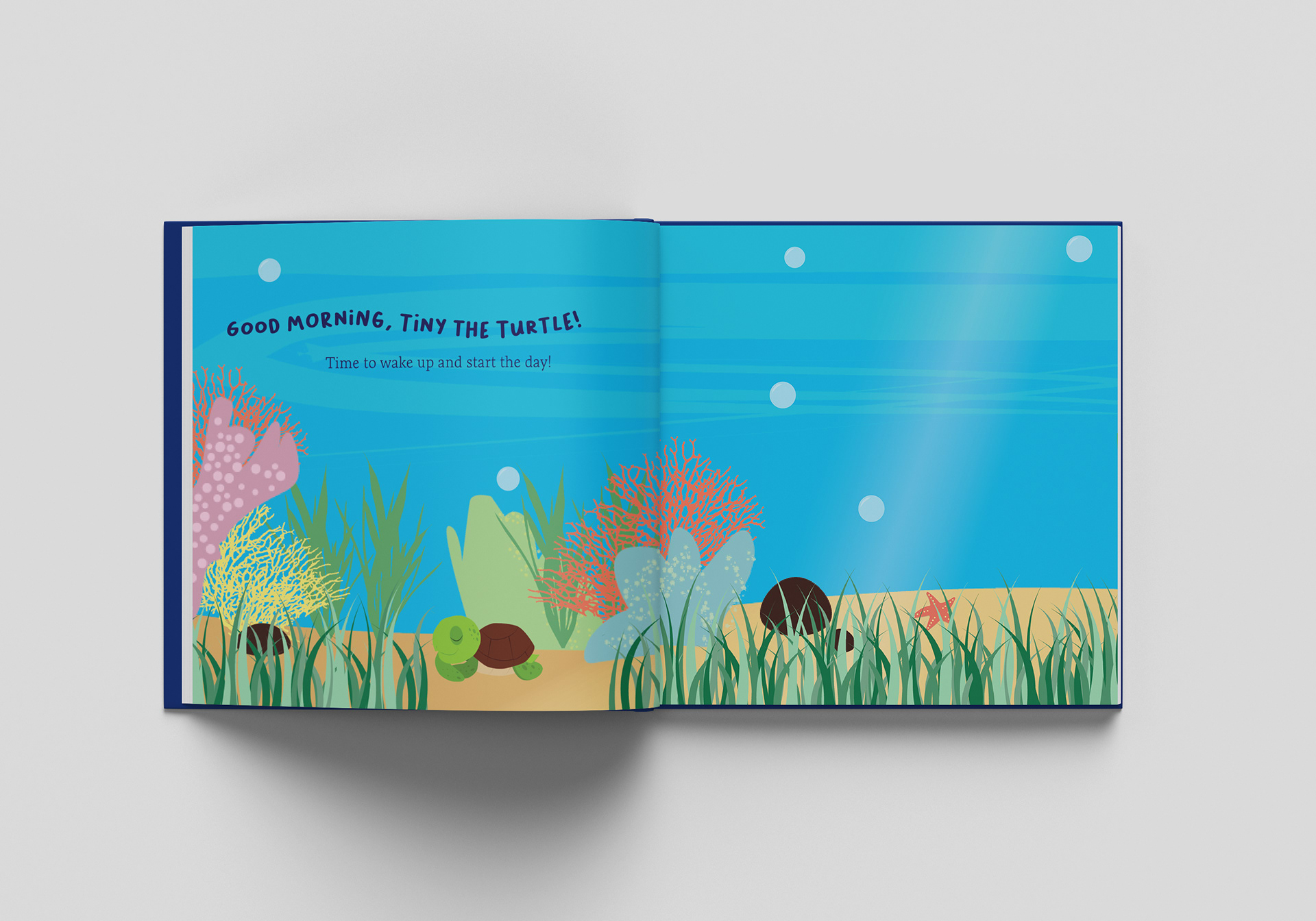 "Tiny Turtle, Big Ocean" Book Project Mockup: Page Spread - Illustrator & InDesign