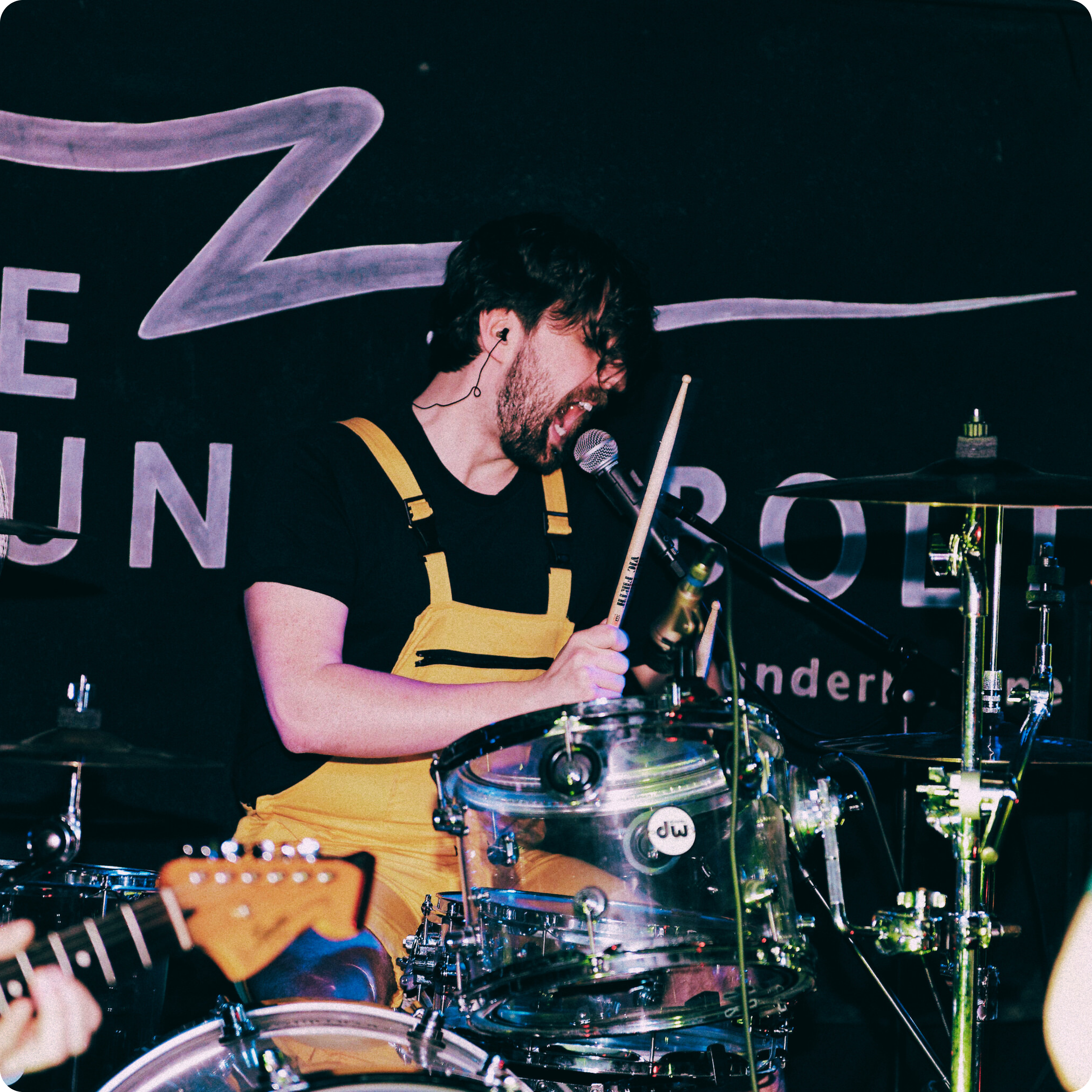Chris Vox on drums and backing vocals during Corporate Retreat's set at The Thunderbolt, Bristol, 25/04/24