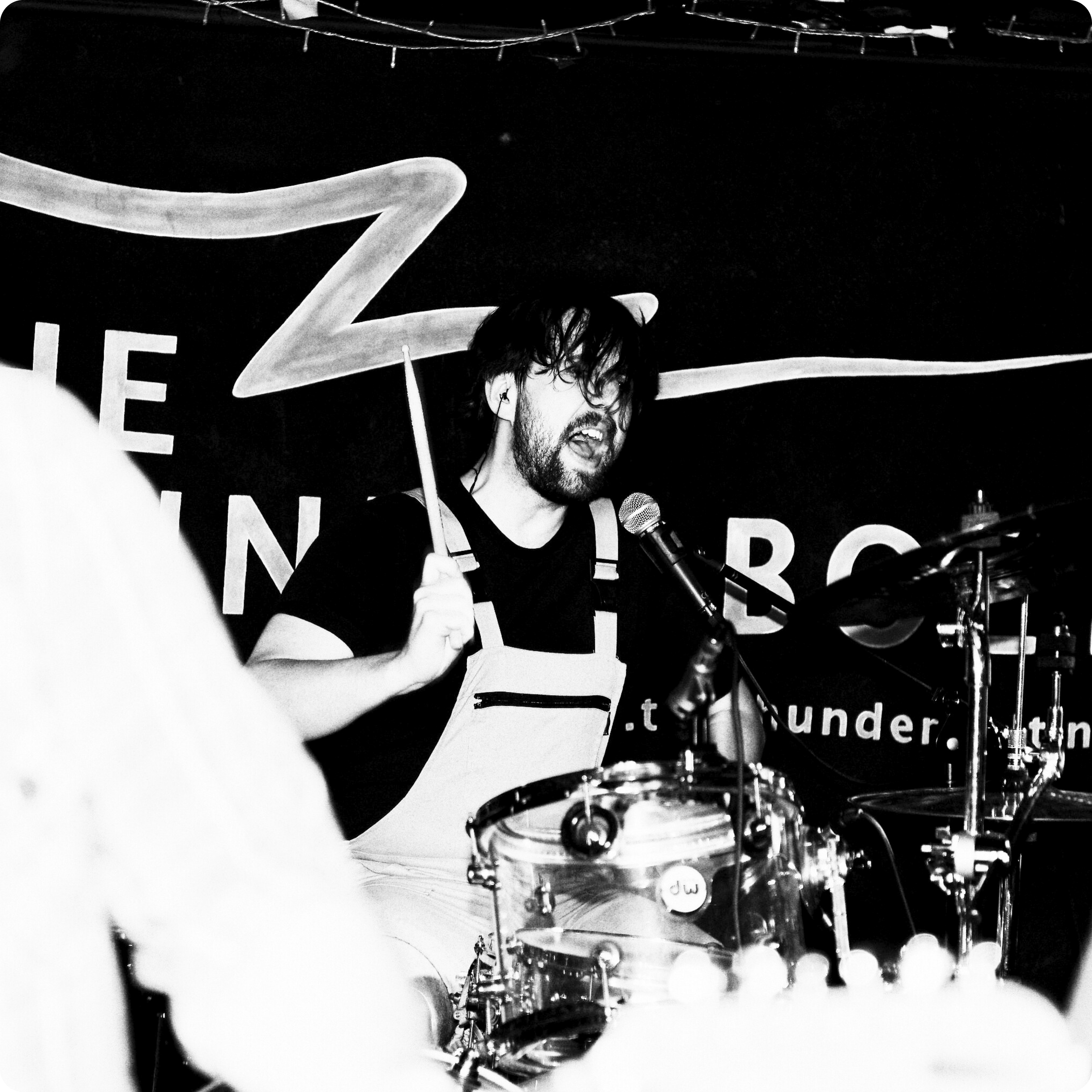Chris Vox on drums and backing vocals during Corporate Retreat's set at The Thunderbolt, Bristol, 25/04/24