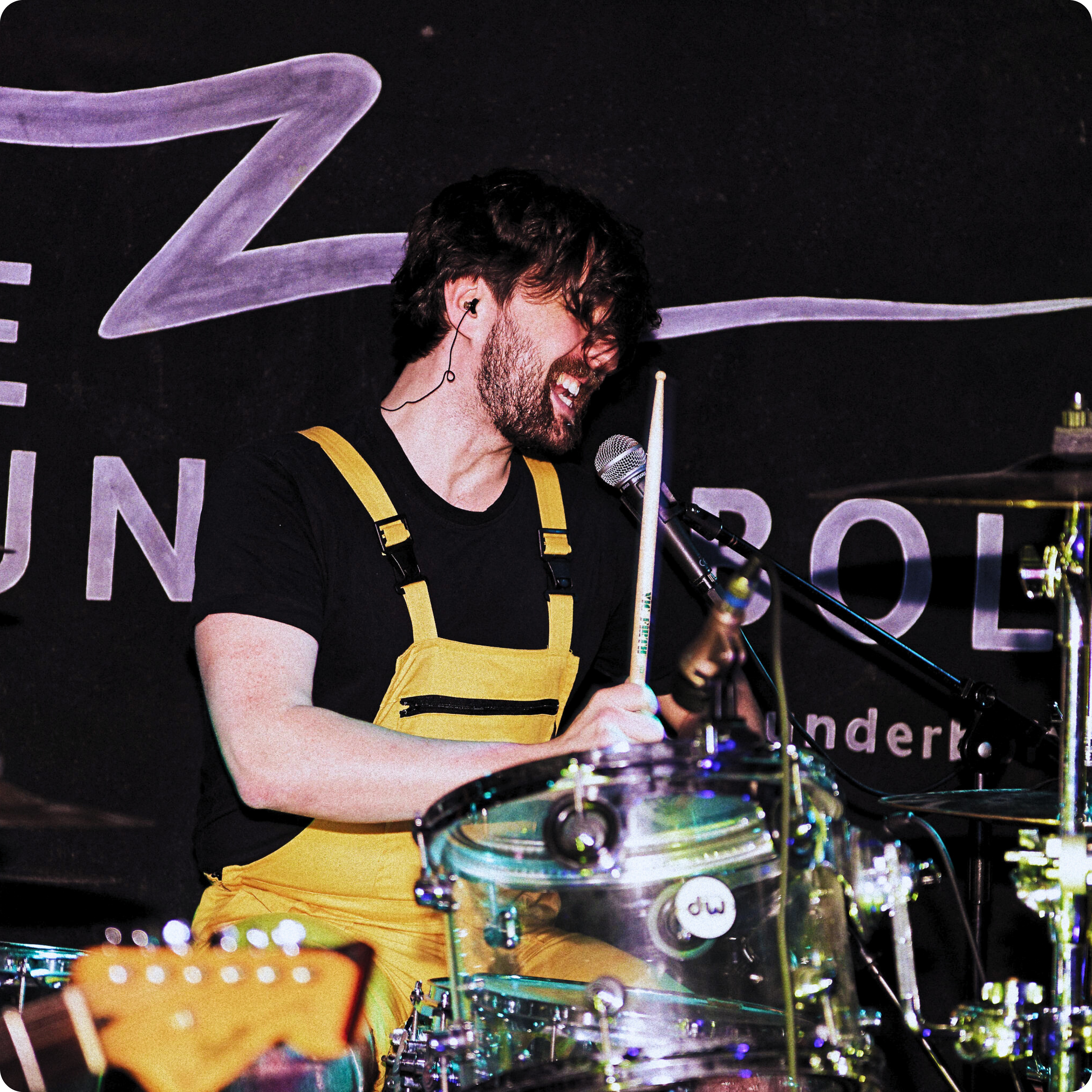 Chris Vox on drums and backing vocals during Corporate Retreat's set at The Thunderbolt, Bristol, 25/04/24