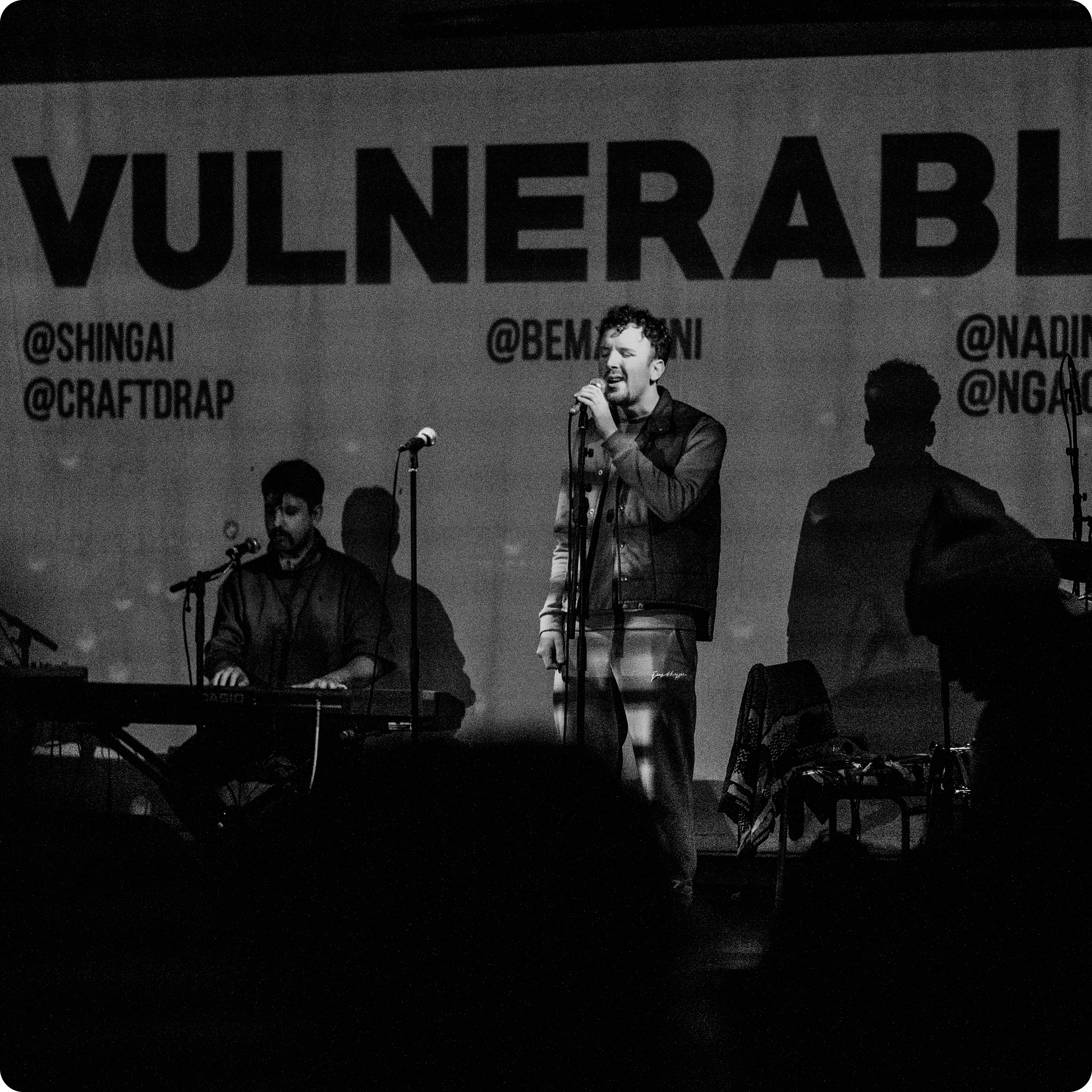 Danny Carlo in the spotlight, accompanied by Chris Vox, at "Vulnerable" in Strange Brew, Bristol