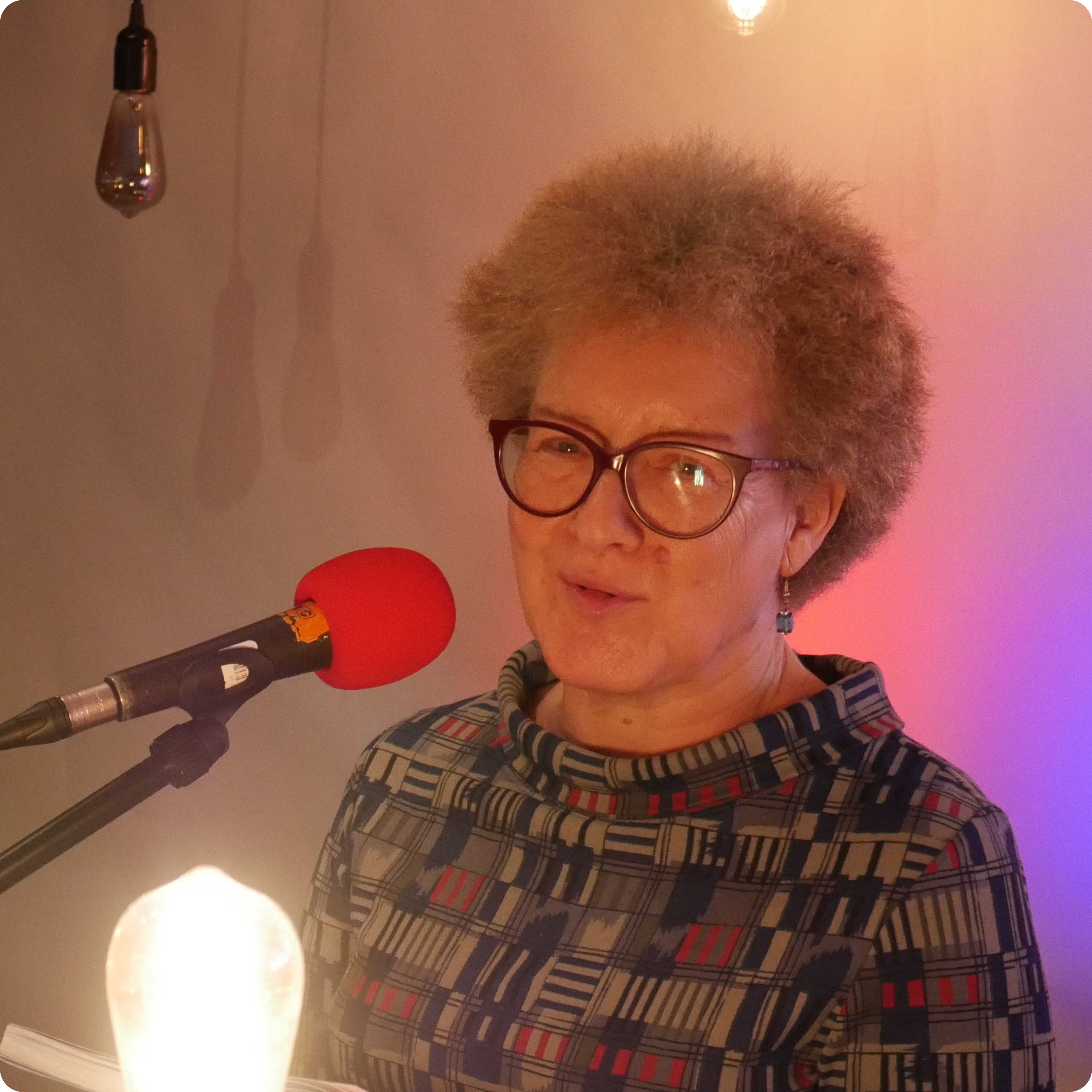 Helen Sheppard sound checks prior to the live broadcast on BBC Radio Bristol's 'BBC Upload' show