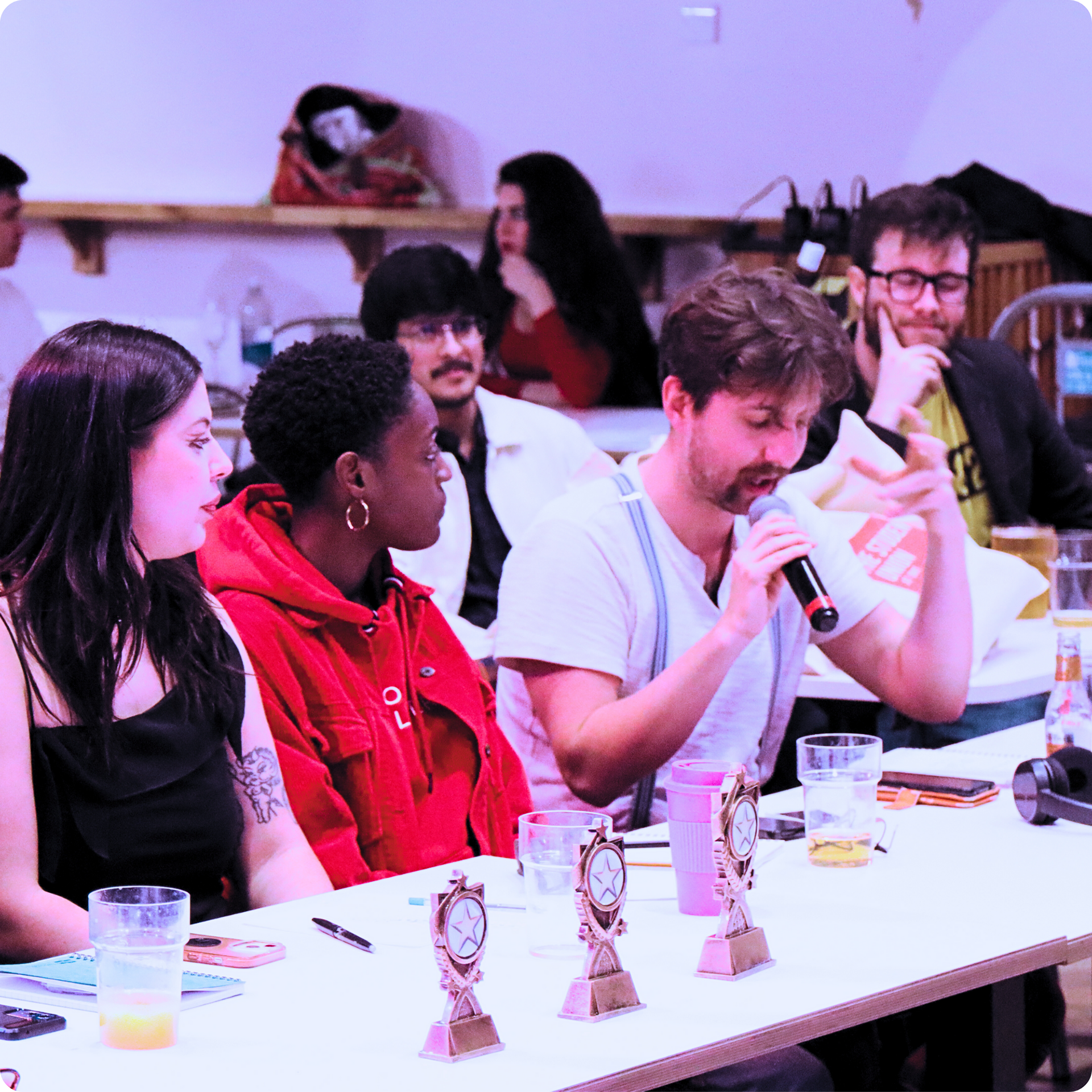 Chris Vox on the judges' panel for UWE Bristol's Got Talent, providing feedback to performer