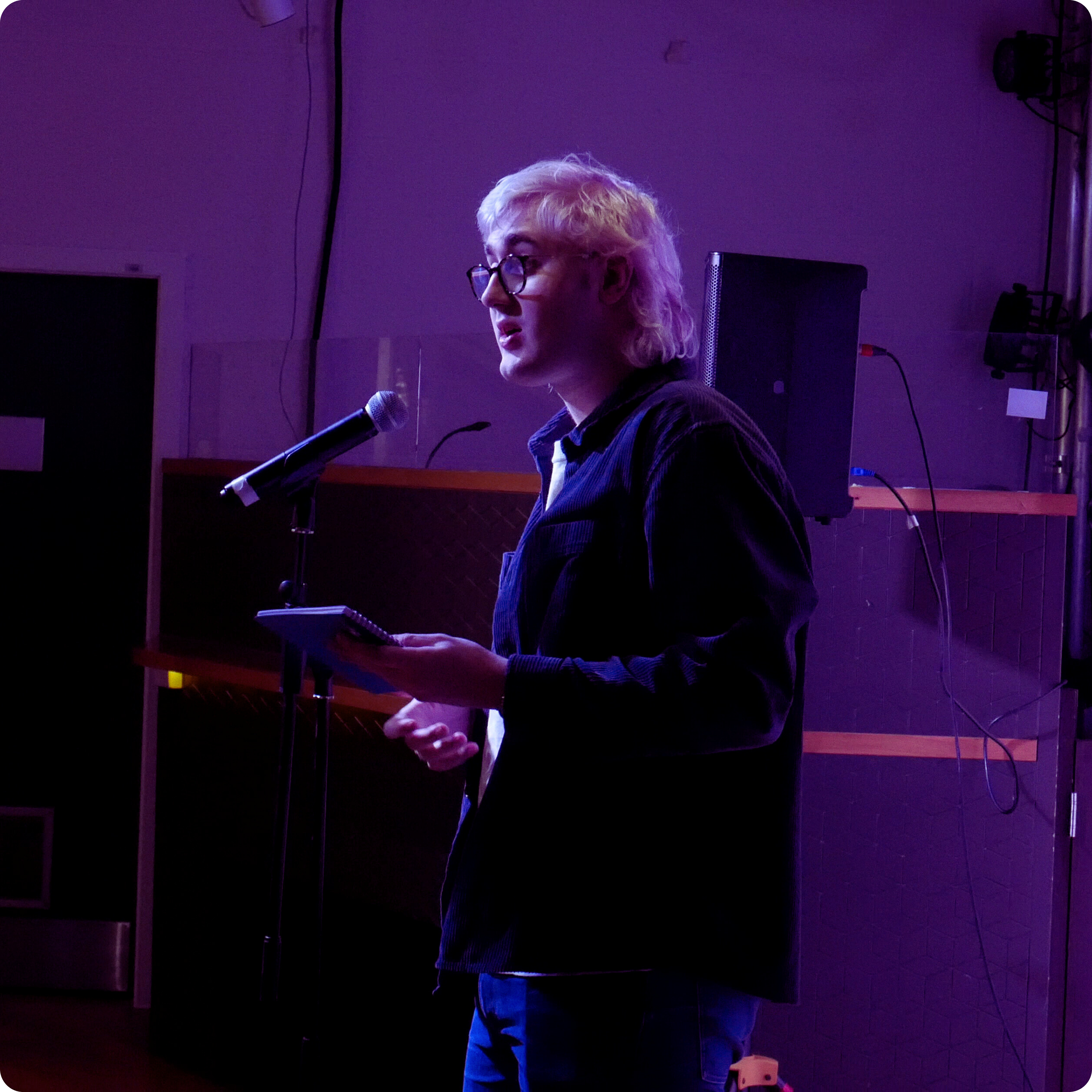 Co-host, Viljo Wilding, introduces performers during Speak For Yourself: LGBT+ Poets at The Students' Union at UWE