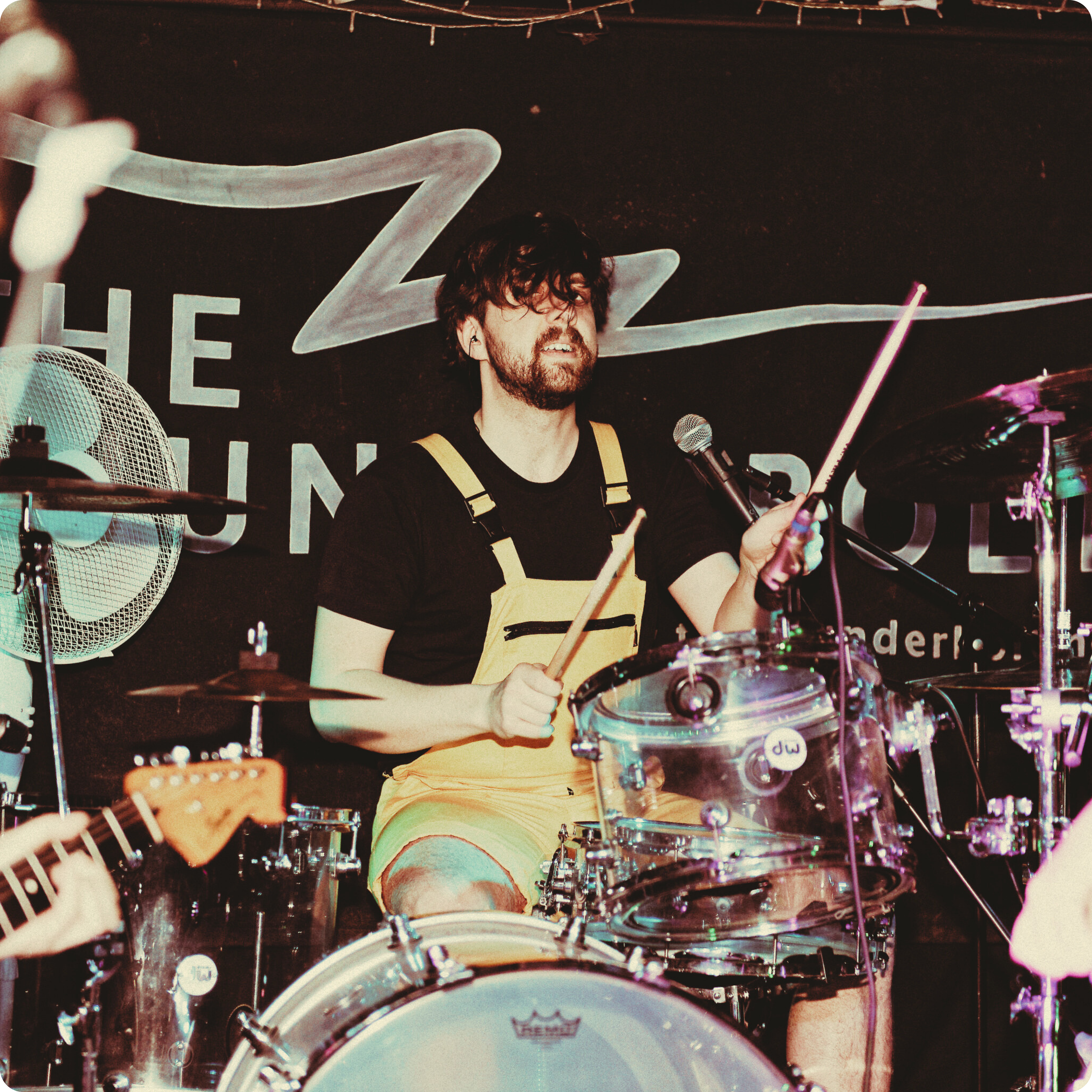Chris Vox on drums and backing vocals during Corporate Retreat's set at The Thunderbolt, Bristol, 25/04/24