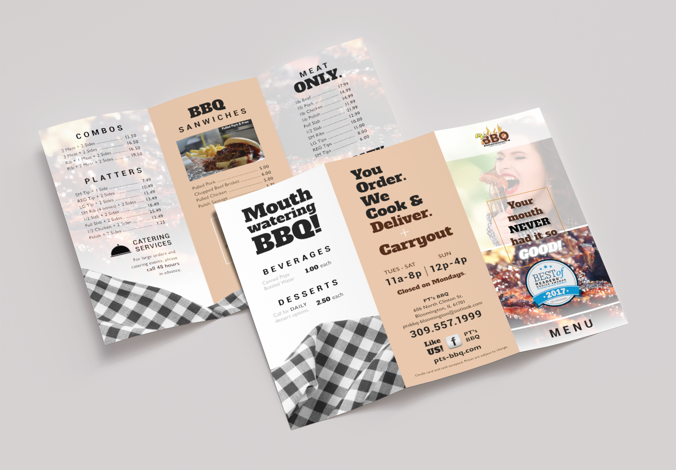 PT’s BBQ is an independantly owned restaurant locally in Bloomington, IL. This project was a redesign of their menu for the purpose of capturing the brand identity as well as serve as an extension of the company’s website. 