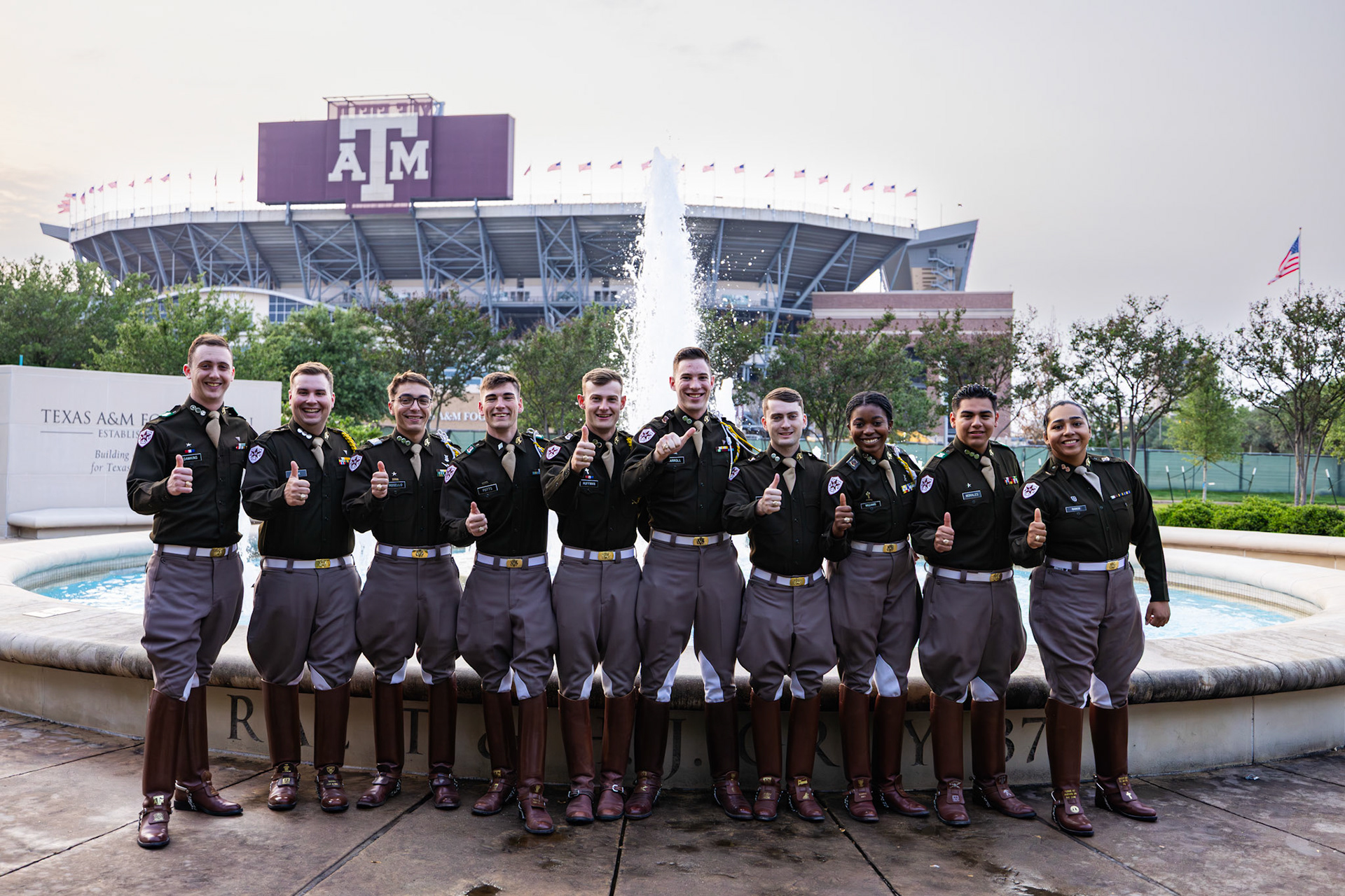 Seniors of Squadron 20 pose in front of Gruy Fountain