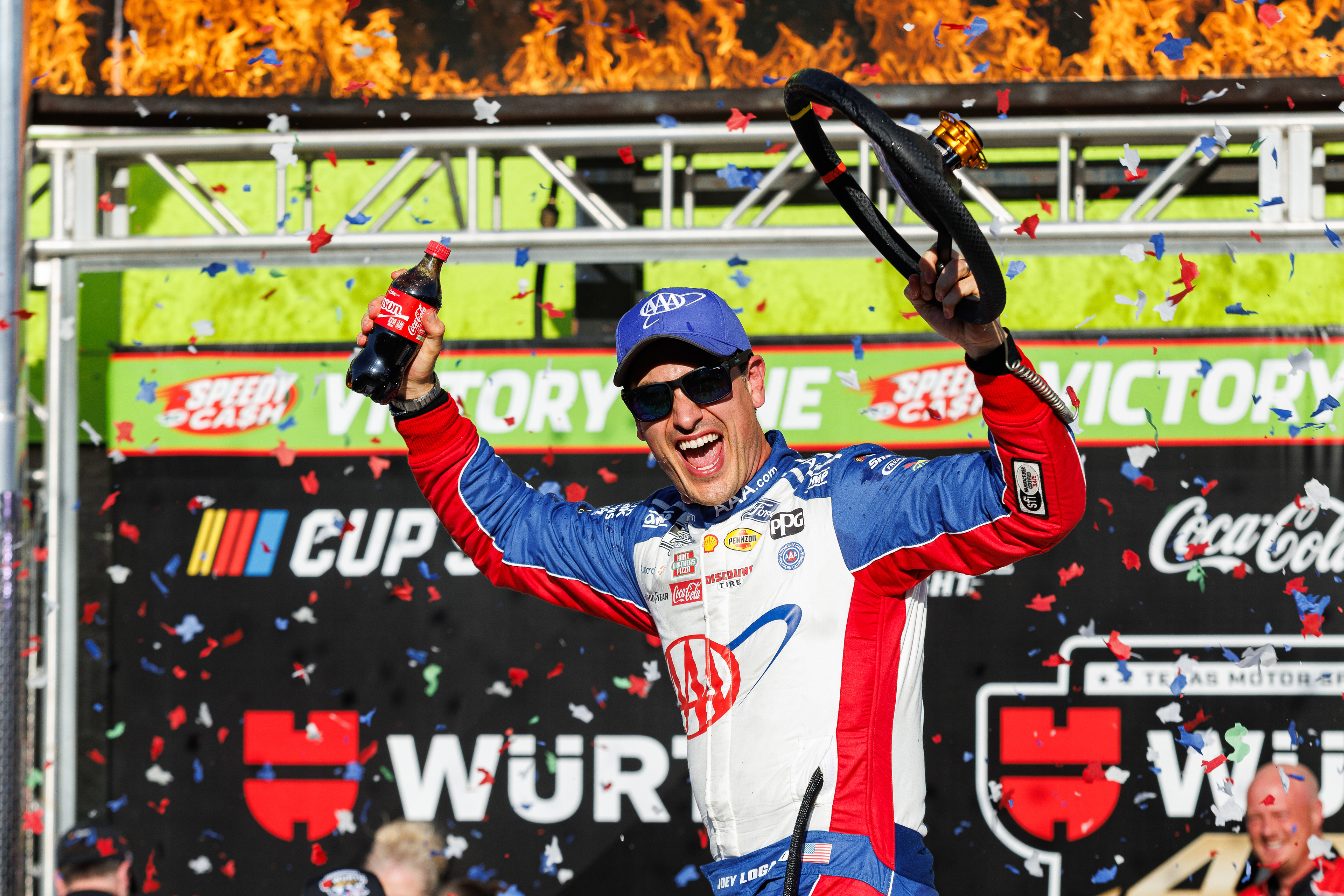Candid celebration, Joey Lagano wins at Texas Motor Speedway
