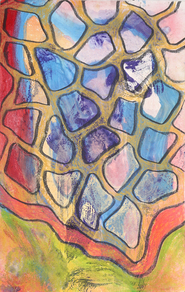colorful layered abstract painting with muted yellow cellular shapes over blue, pale pink, red, light lime green, and purple brushy background