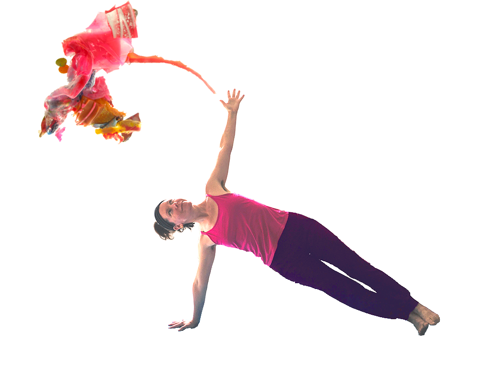 Steph in vasisthasana with paint floating above her