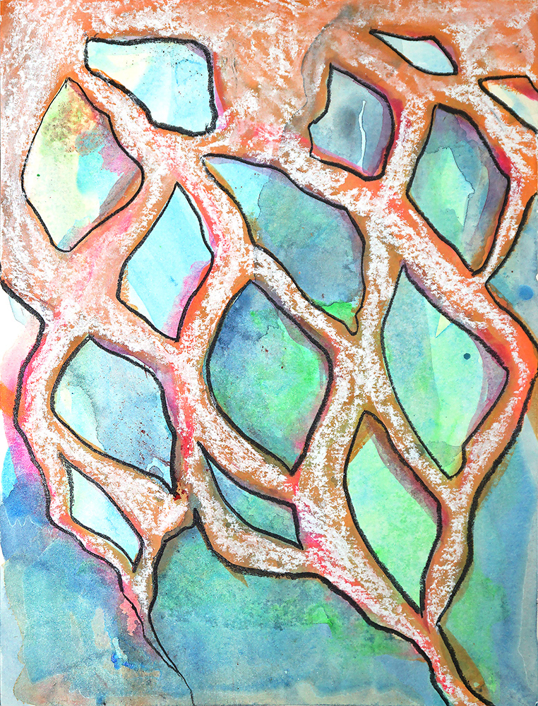 colorful layered abstract painting with orange and white cellular shapes over blue-green washy background