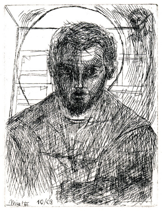 Autoportrait - Gravure - Première Eau-forte - 9 x 12 cm - Janvier 2008 - Cours de peinture à l'huile Paris 13 - Artiste Peintre Jean-Baptiste Miette