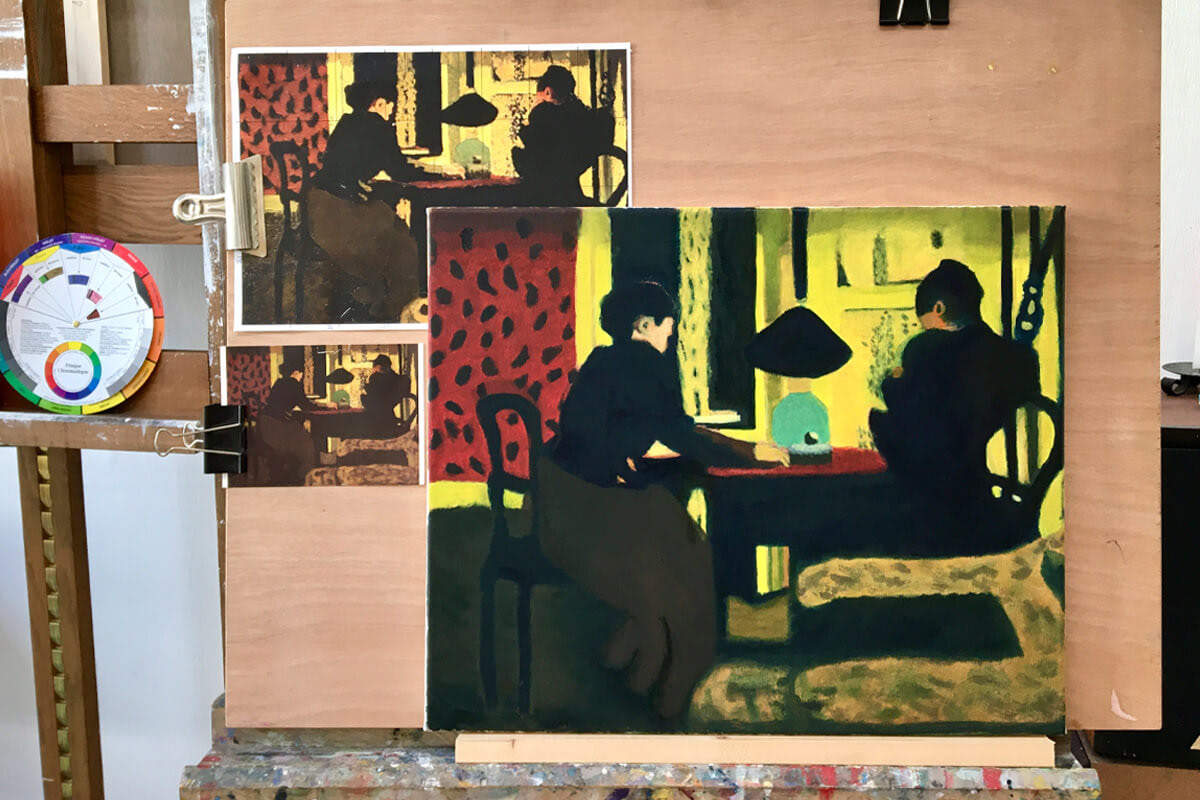 Bérénice : étude d'après une peinture d'Édouard Vuillard, "Deux femmes sous la lampe", 1892. - Cours de peinture Paris 13 - Atelier JB Miette reproduction de tableaux - Cours de peinture à l'huile pour adultes