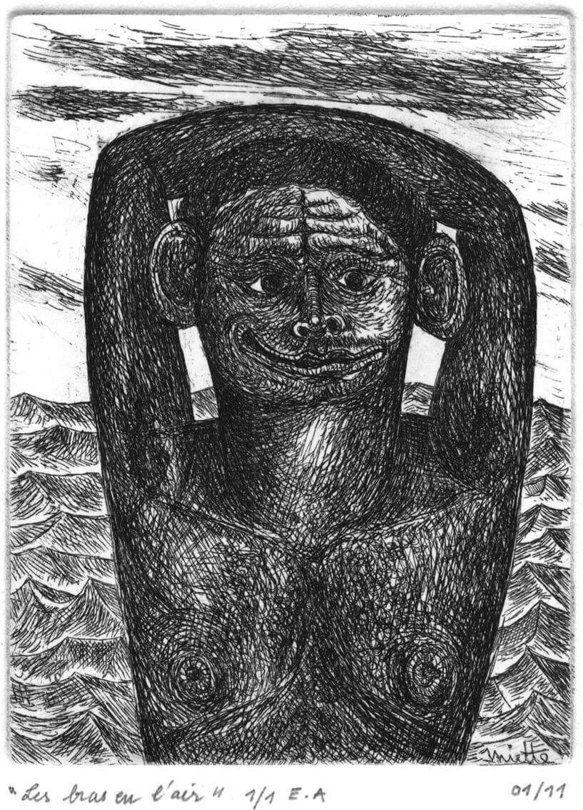 Les bras en l'air - Gravure - Eau-forte - E. A. Deuxième état - 9 x 12 cm - Janvier 2011 - Imprimée sur la presse de l'atelier "Circé" - Paris 75013 - Cours de peinture à l'huile Paris 13 - Artiste Peintre Jean-Baptiste Miette
