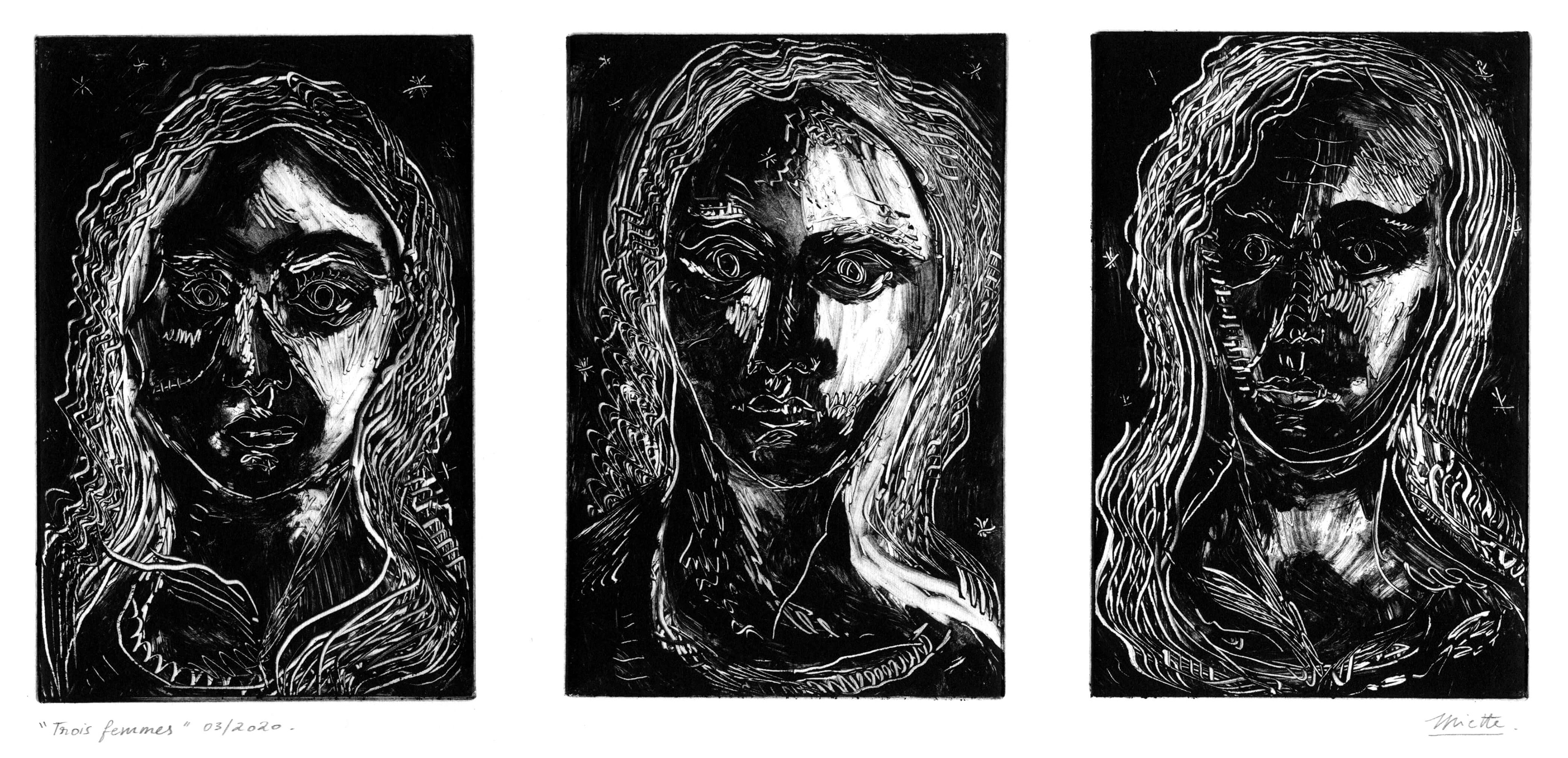 Trois femmes Monotype triptyque - 30 x 40 cm - Mars 2020